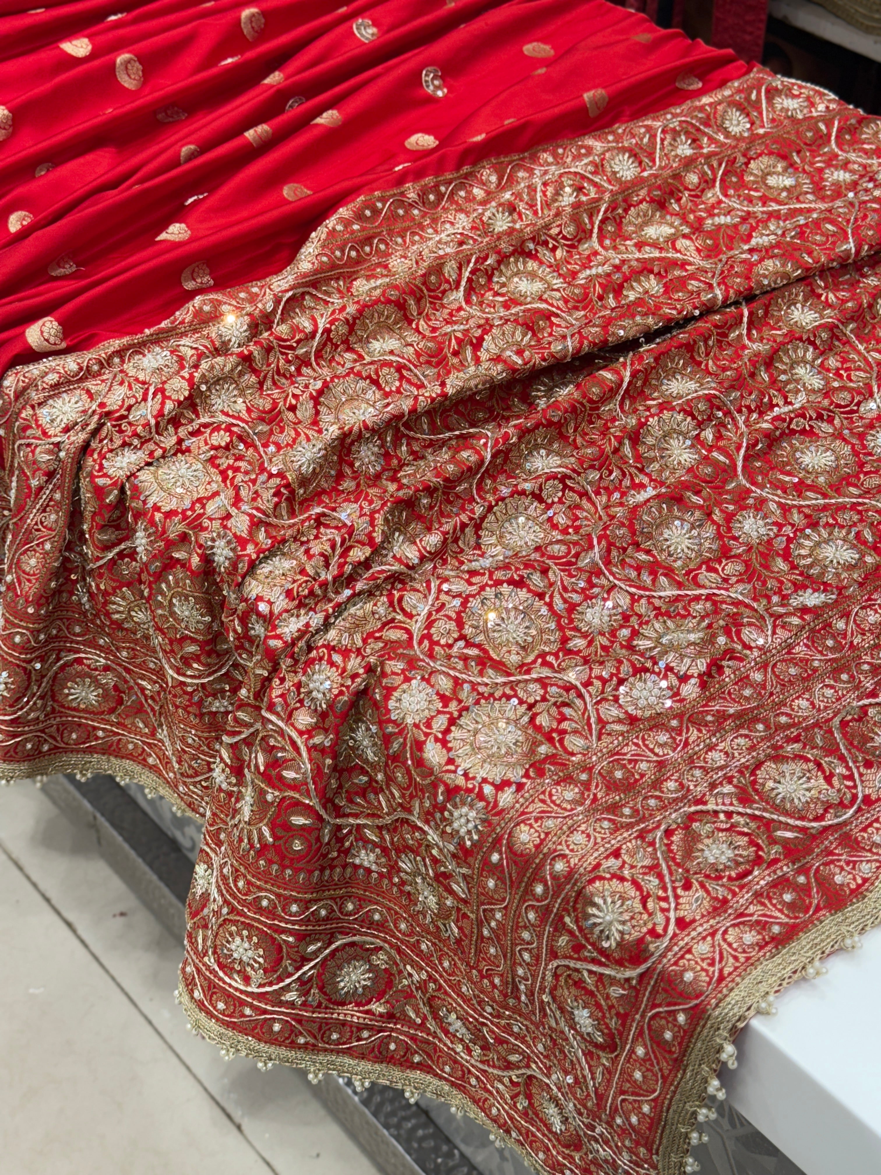 Red Banarasi Chand Buttis Zardosi Hand Embroidery Saree