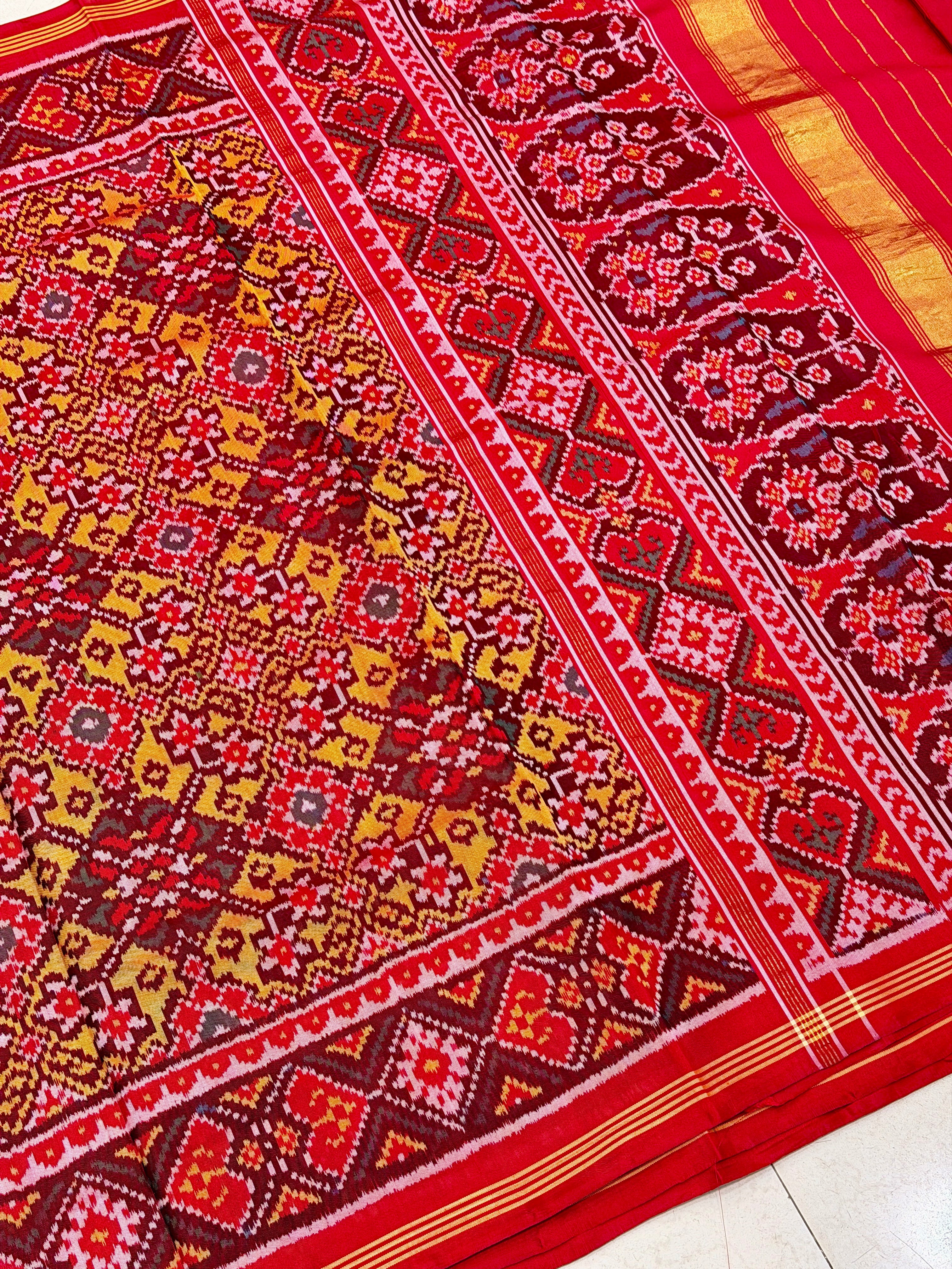 Yellow Red Pure Silk Manek Chowk Handloom Patola Saree