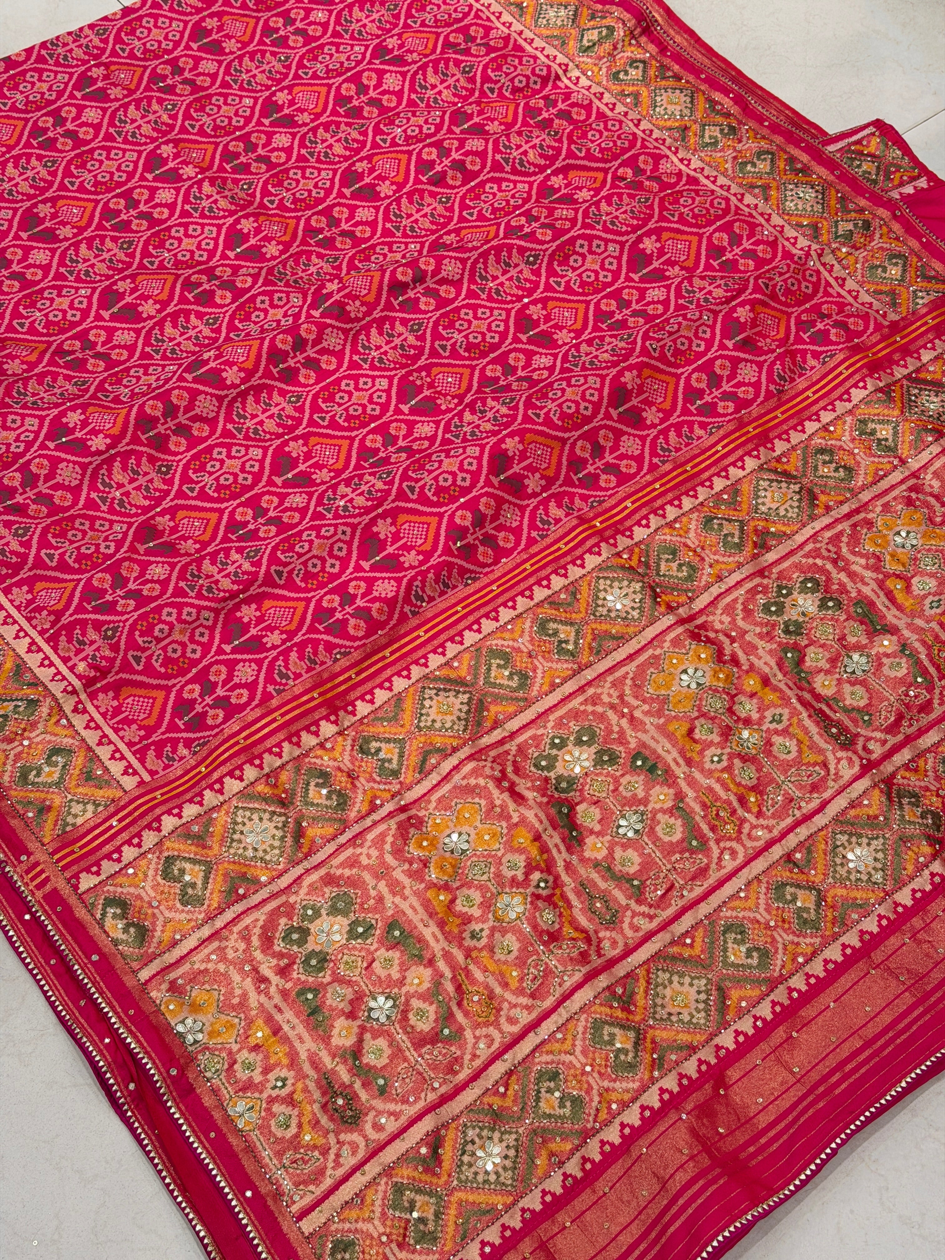 Rani Patola Crown Hand Embroidery Kutchi Style Saree