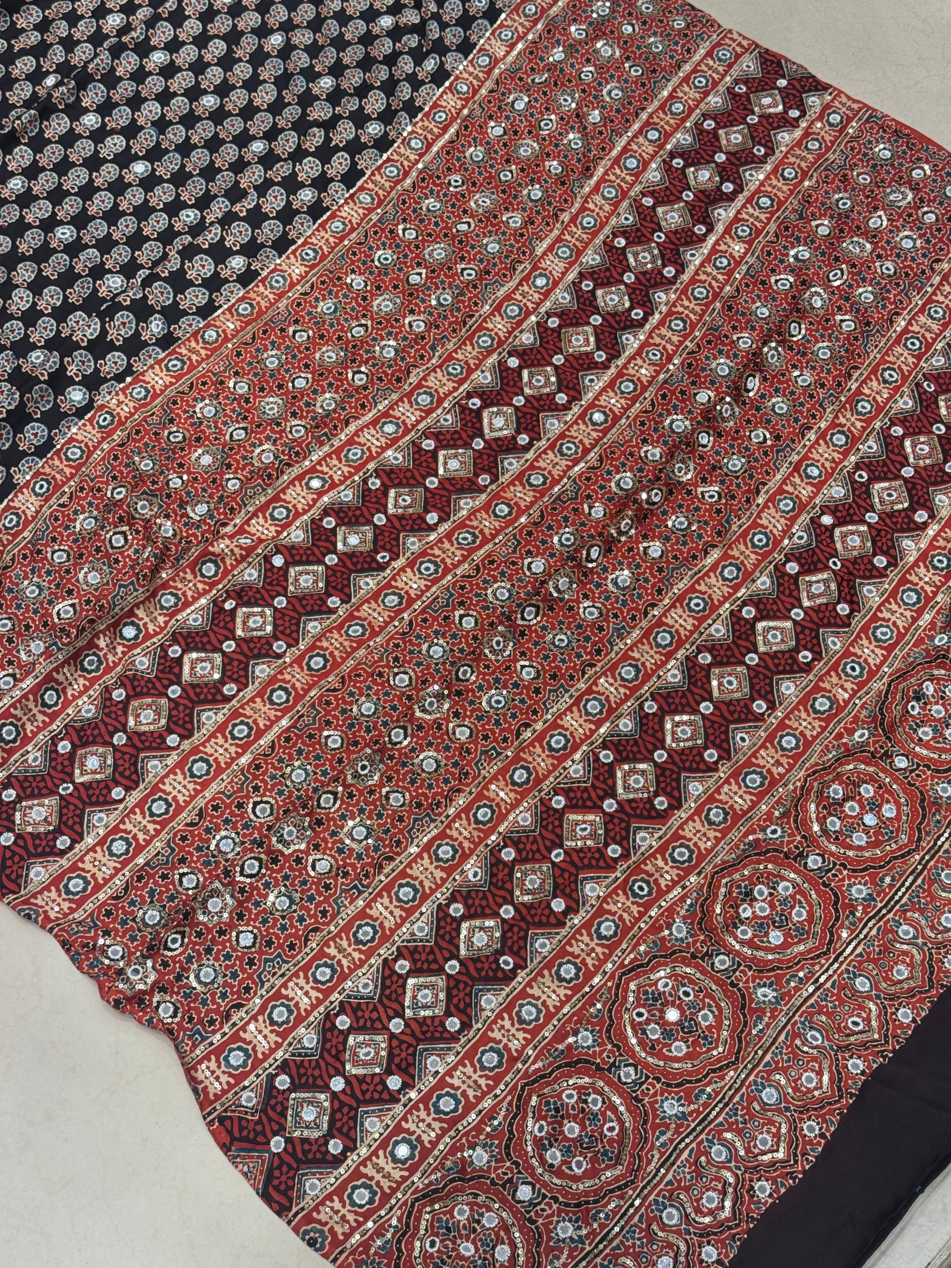 Black Red Ajrakh Real Mirror Moti Sequin Hand Embroidery Saree