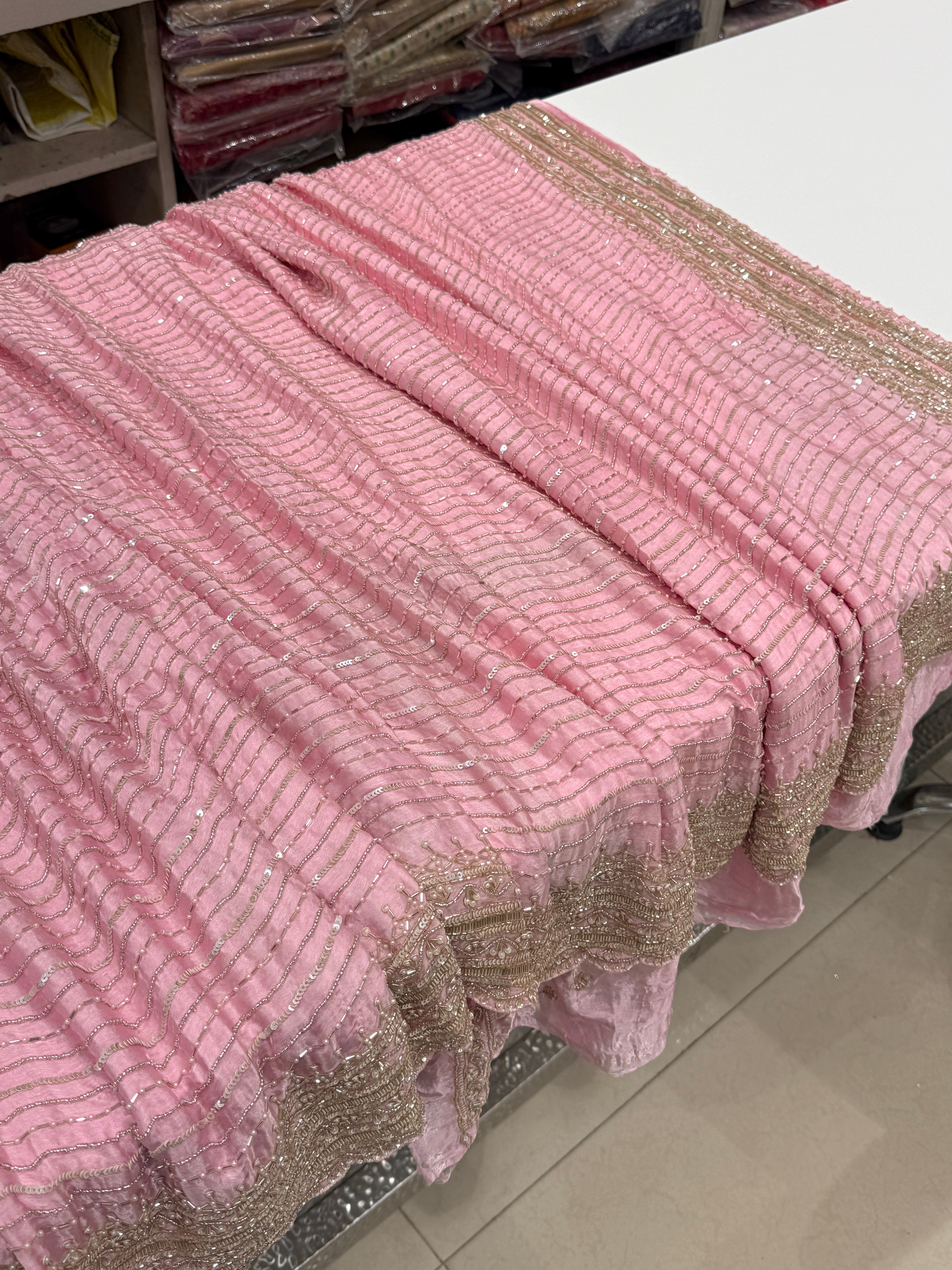 Pink Satin Crepe Moti MM inspired Hand Embroidery Saree