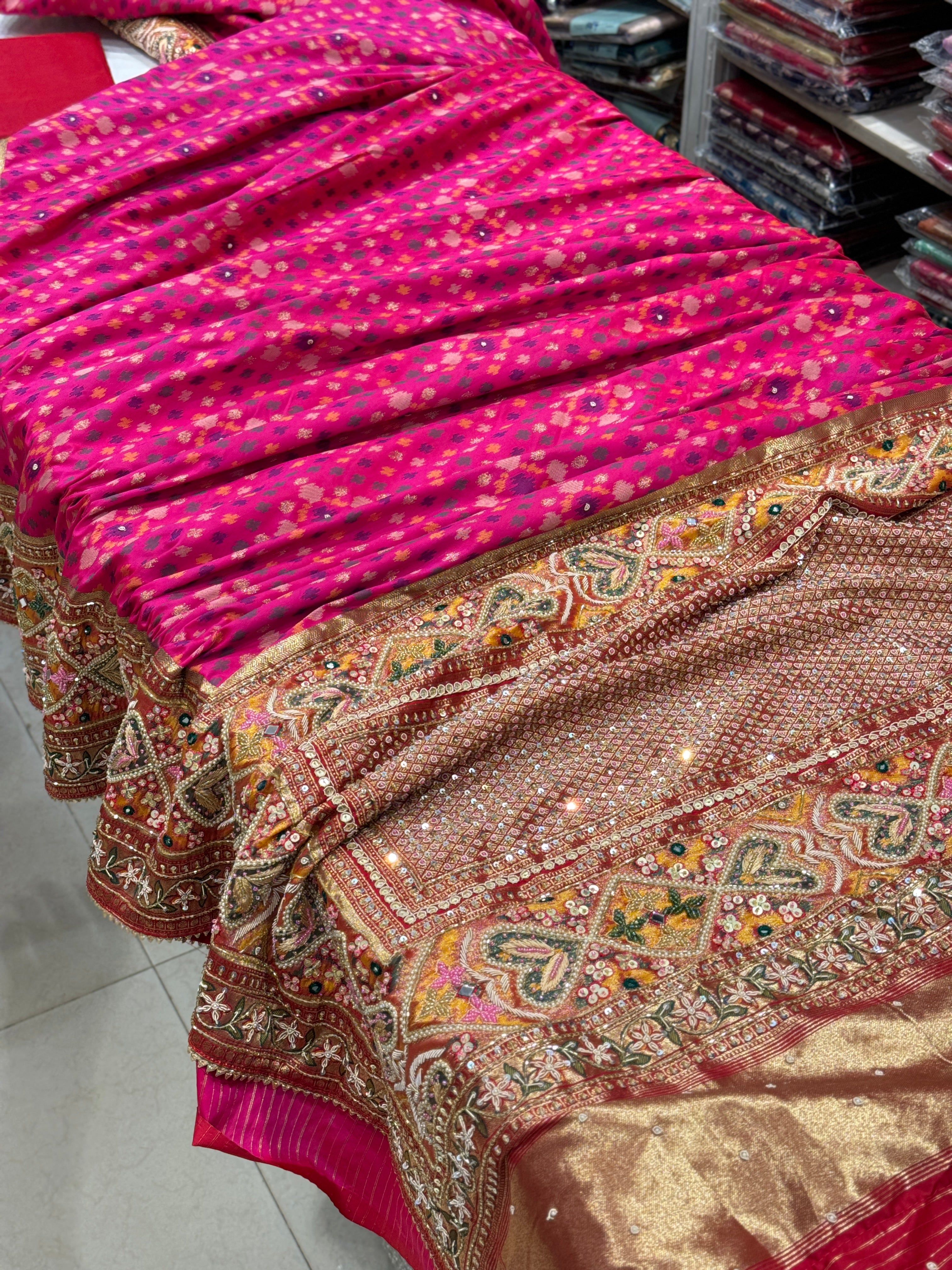 Rani Banarasi Patola Moti Zardosi Hand Embroidery Saree