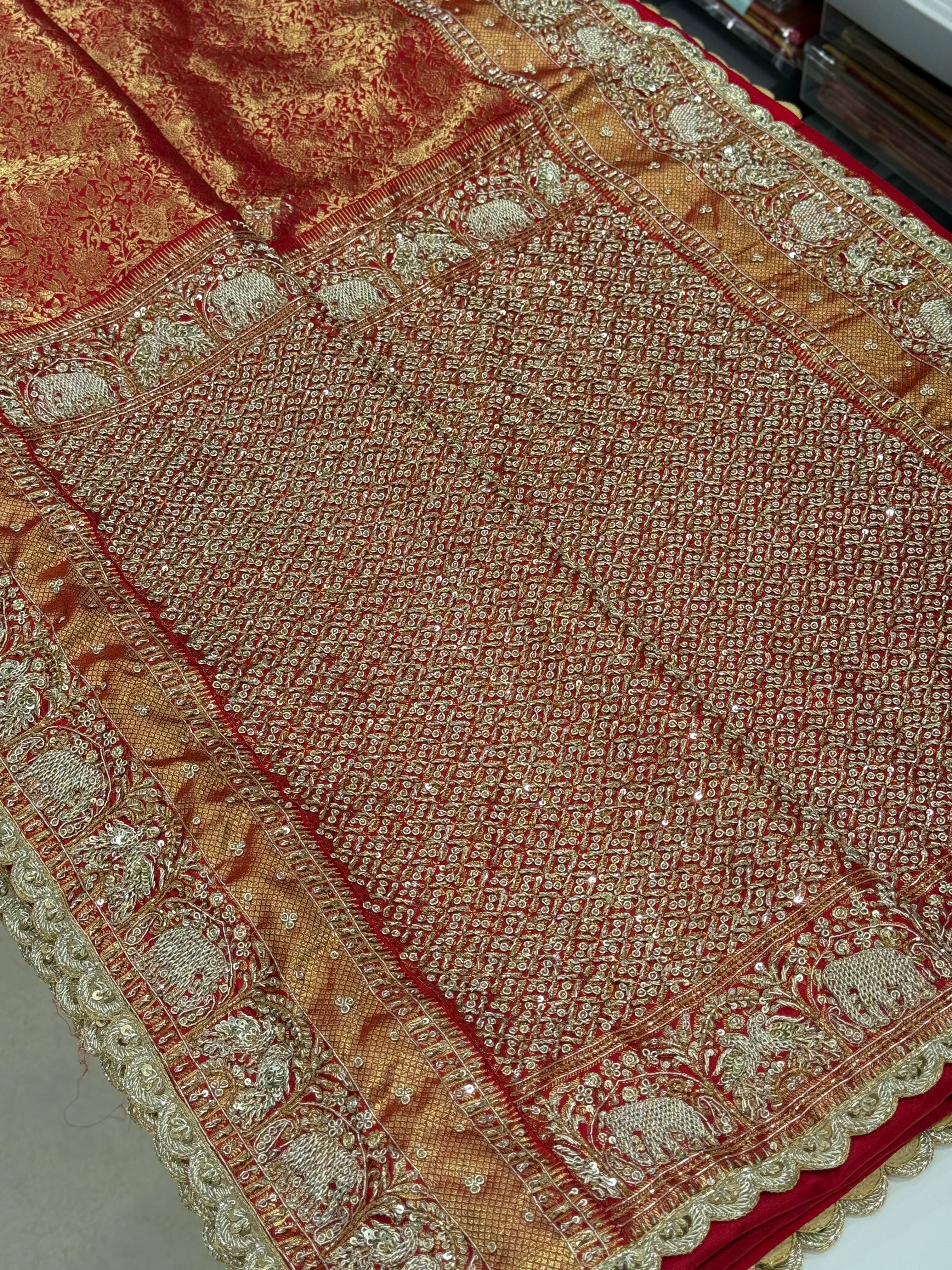 Red Kanjivaram Elephant Motif Zardozi Hand Embroidery Saree