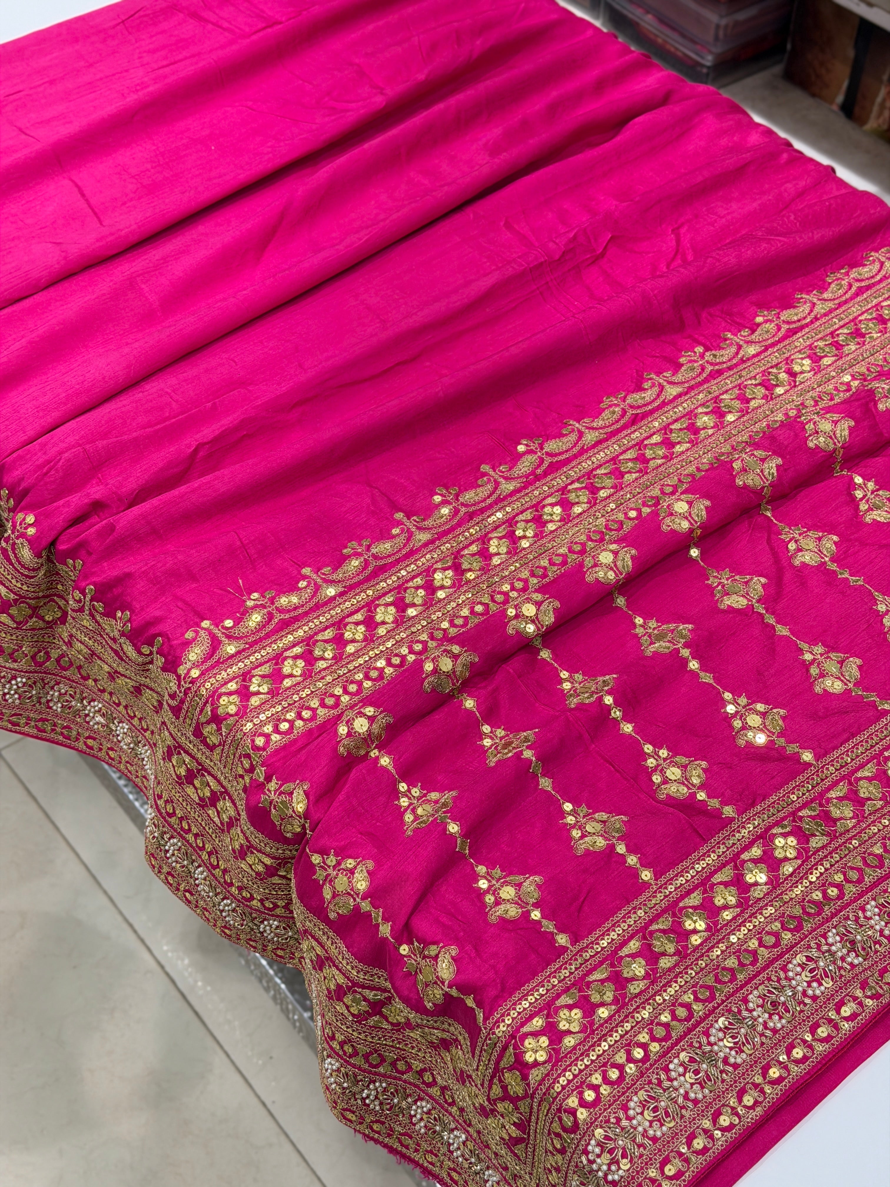 Rani Pink Sabyasachi Inspired Marodi Jaal Pallu Embroidery Pure Silk Saree