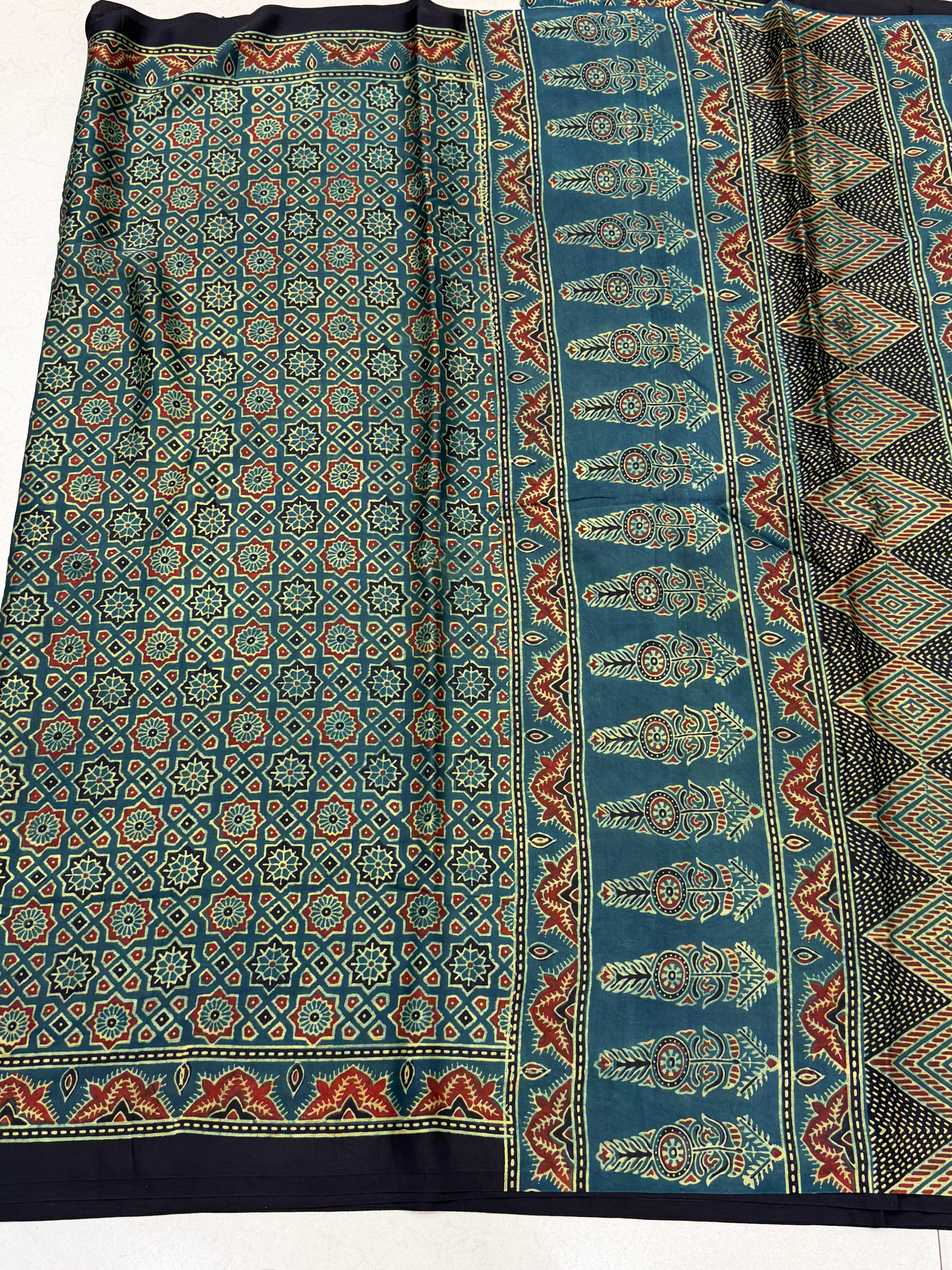 Green Star Buttis Ajrakh Hand Block Print Pure Modal Silk Saree