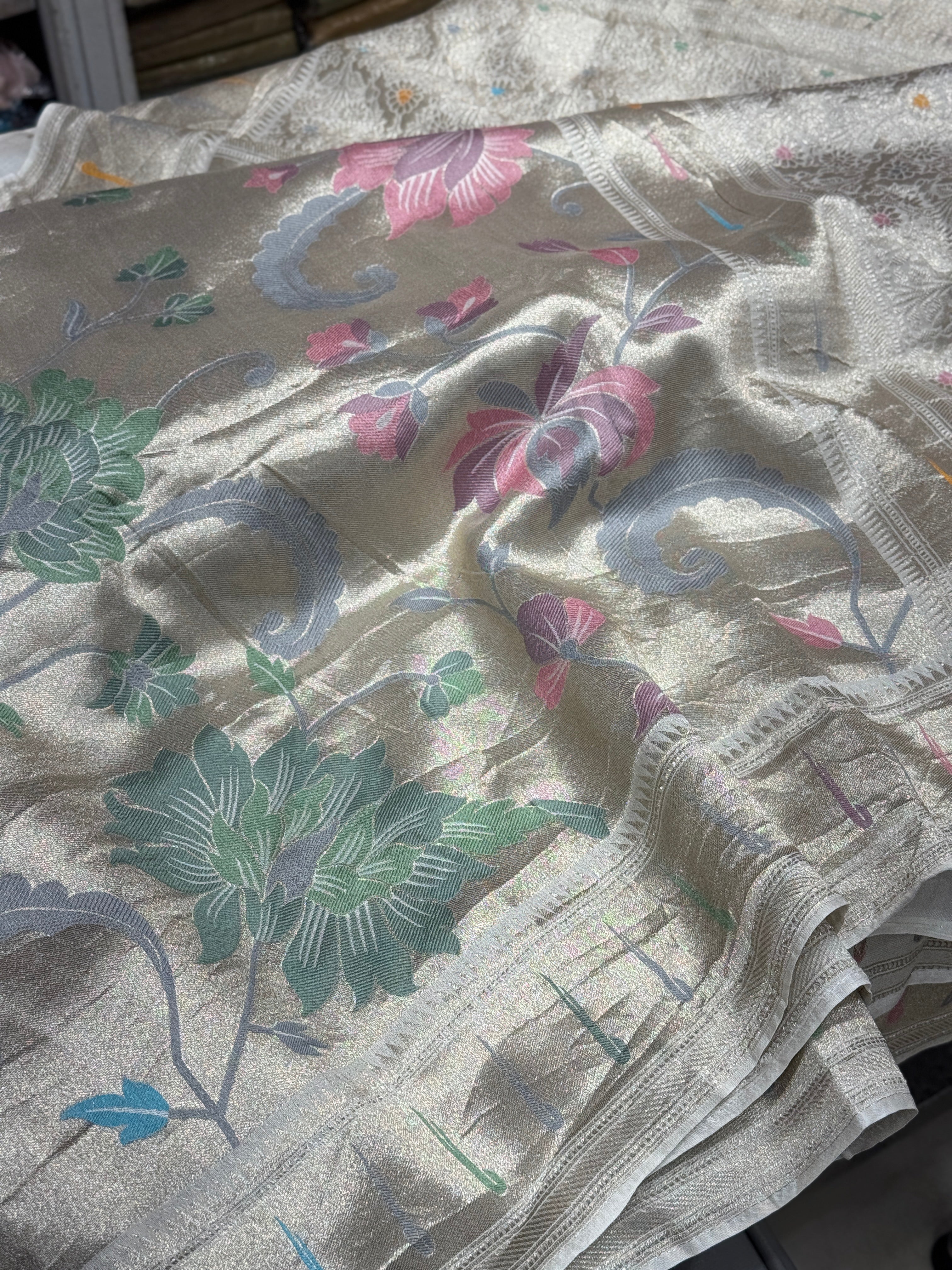 Silver Meenakari Muniya Tissue Munga Banarasi Paithani Saree