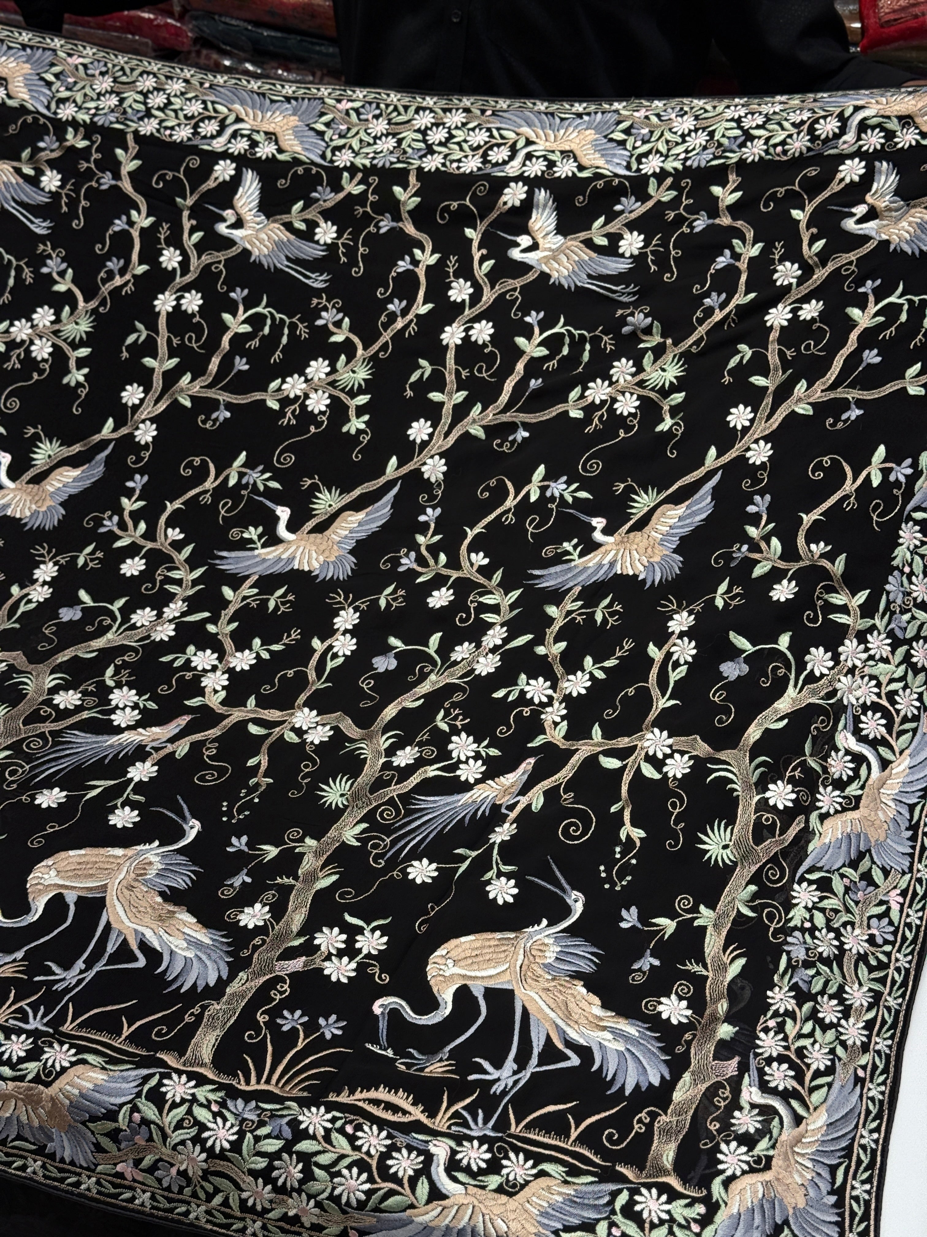 Black Tree Of Life Flamingo Parsi Gara Saree