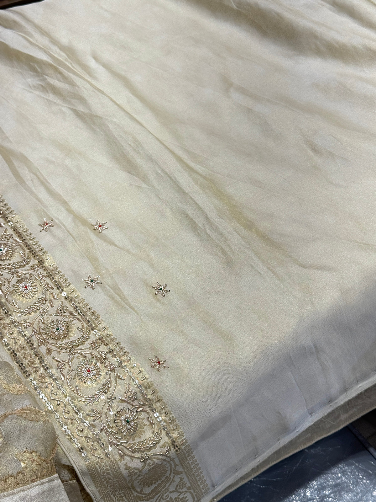 Beige Banarasi Crepe Tissue Zardodi Jaal Hand Embroidery Saree