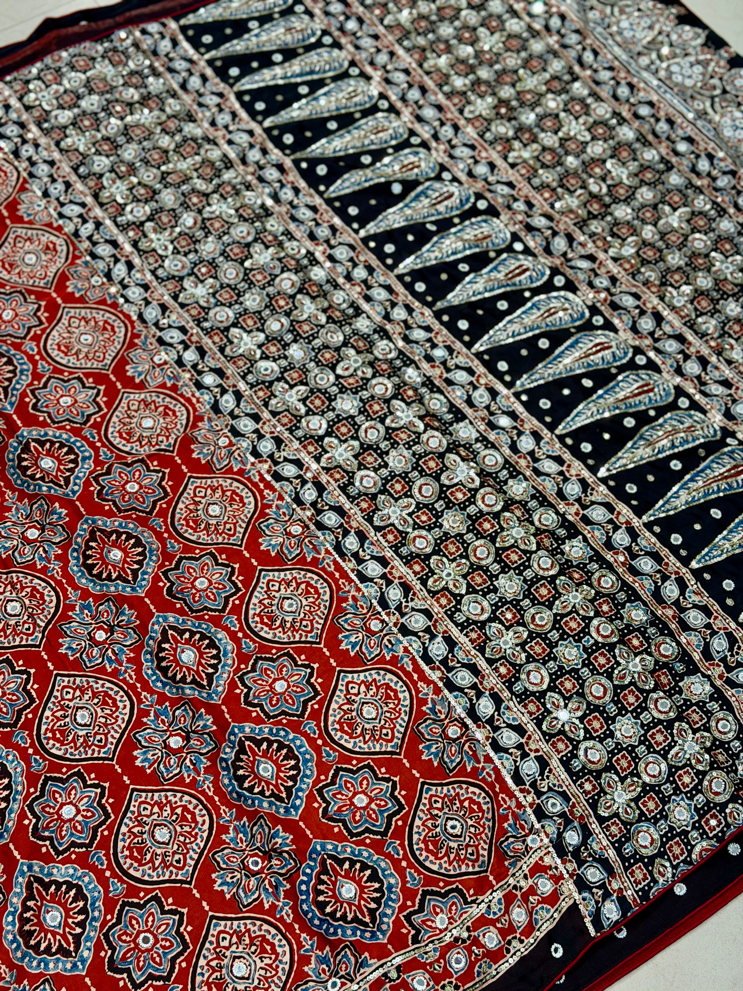 Red Black Badam Jaal Ajrakh Real Mirror Moti Sequin Hand Embroidery Saree