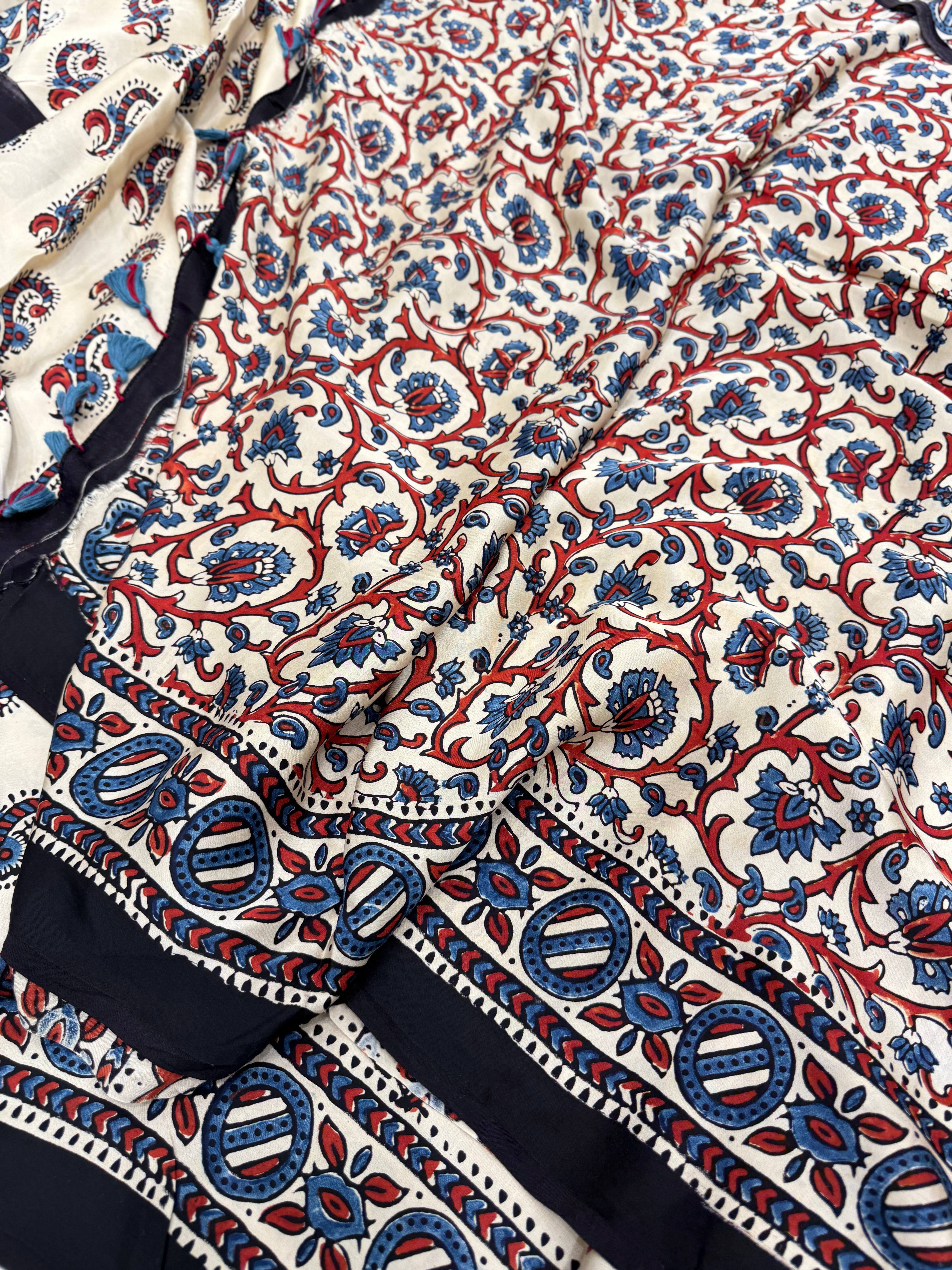 White Paisley Butti Ajrakh Hand Block Print Pure Gajji Silk Saree