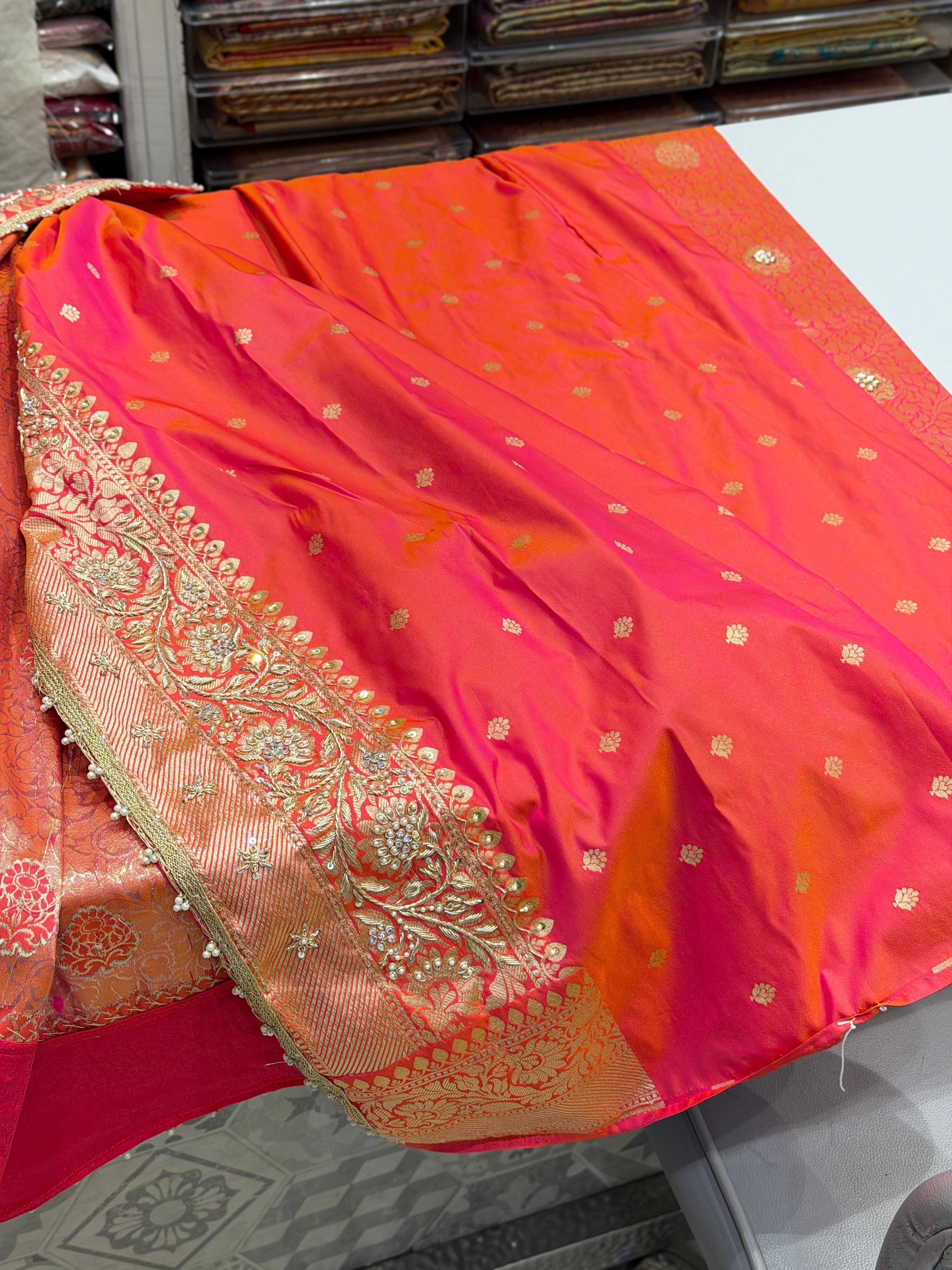 Rani Dhupchav Banarasi Zardosi Hand Embroidery Brocade Saree