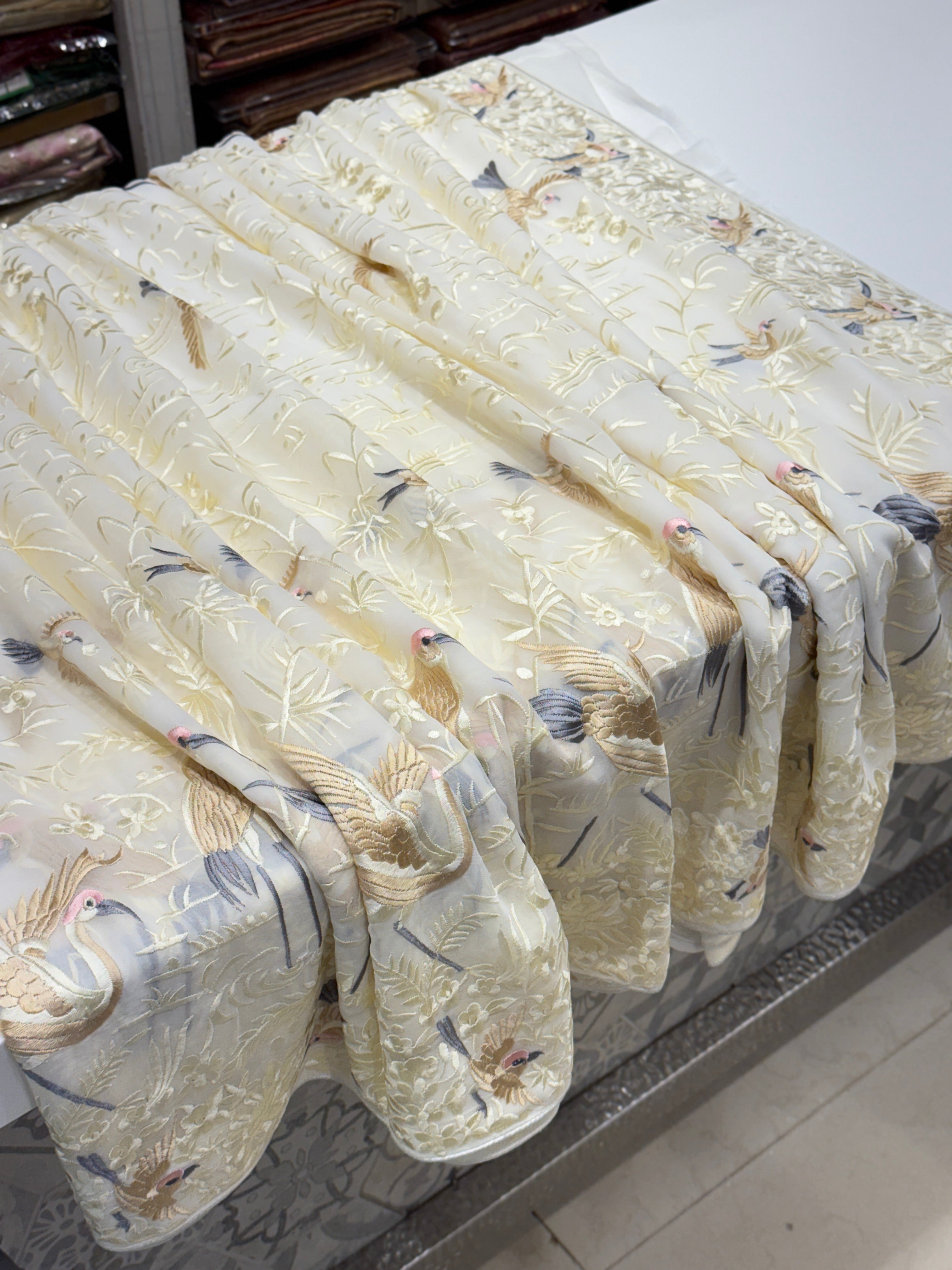 White Georgette Flying Flamingo Parsi Gara Saree
