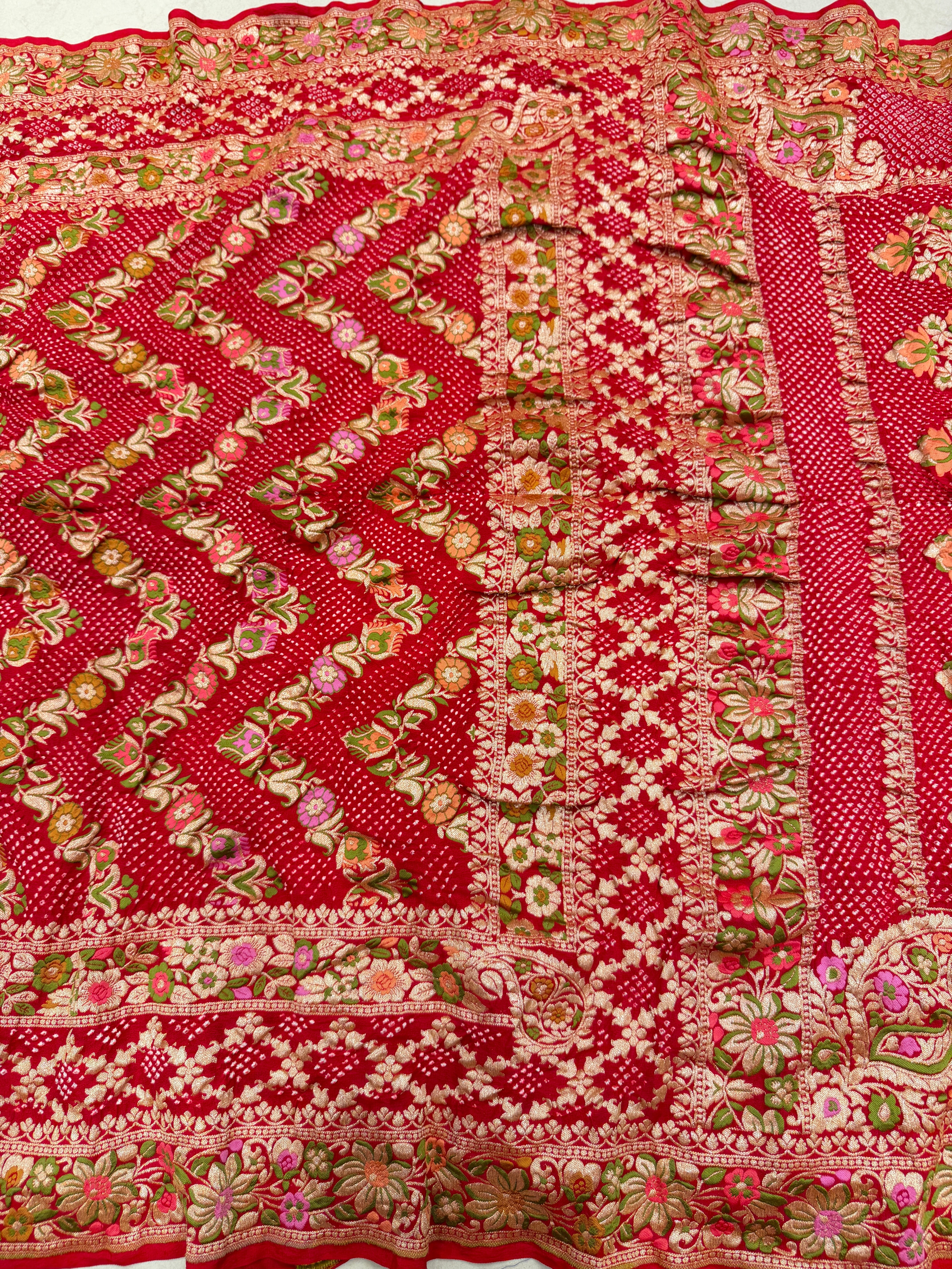 Red Floral Meenakari Georgette Rai Bandhej Saree