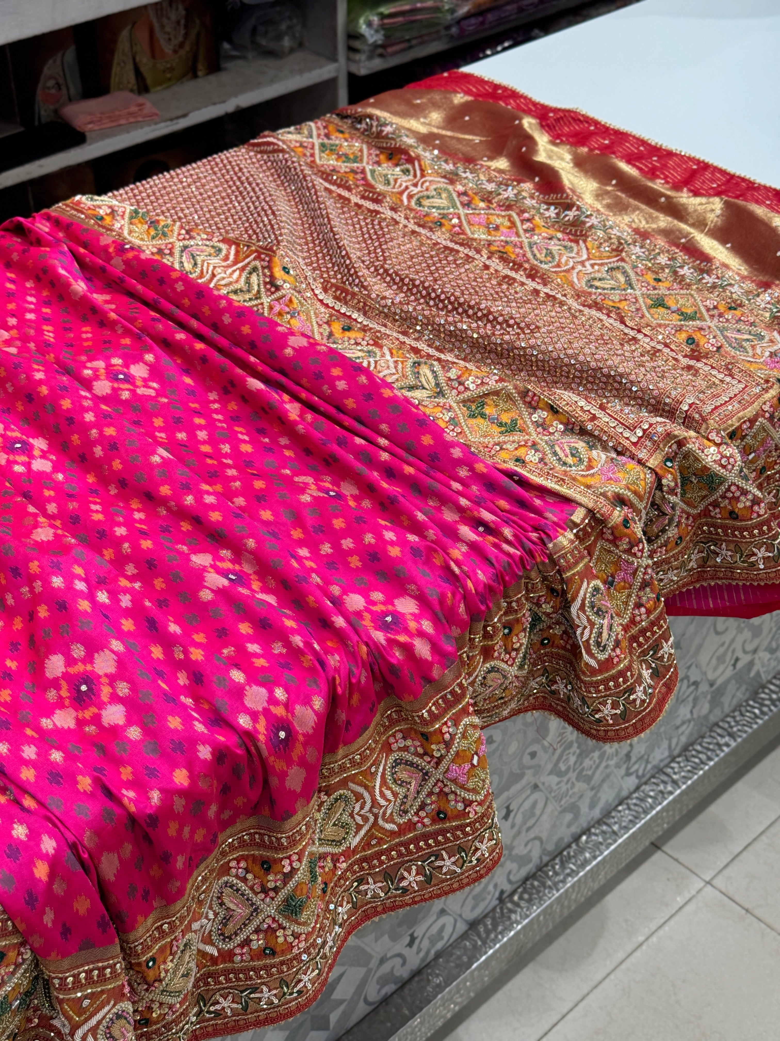 Rani Banarasi Patola Moti Zardosi Hand Embroidery Saree