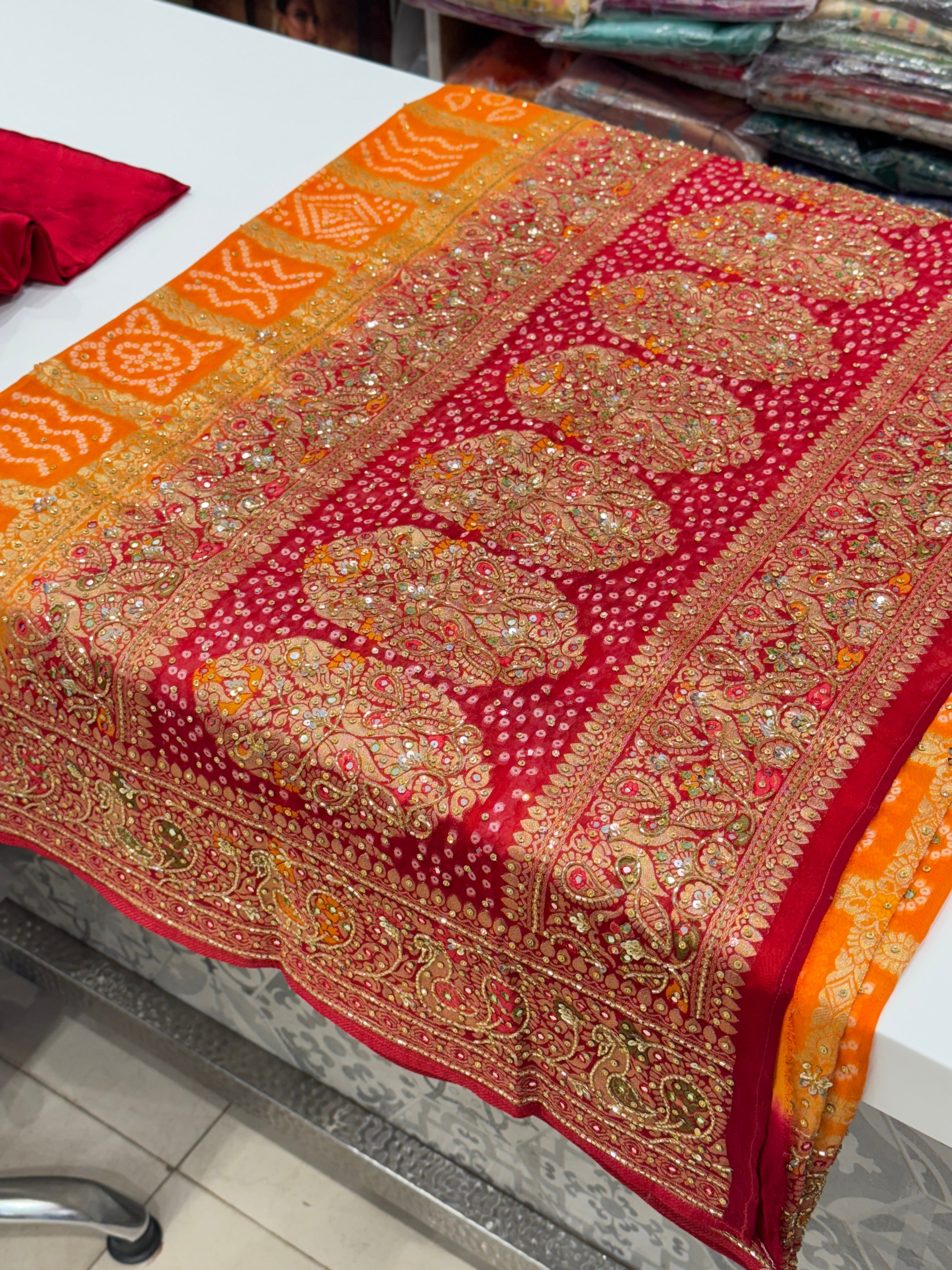 Orange Red Gharchola Hand Embroidery Saree