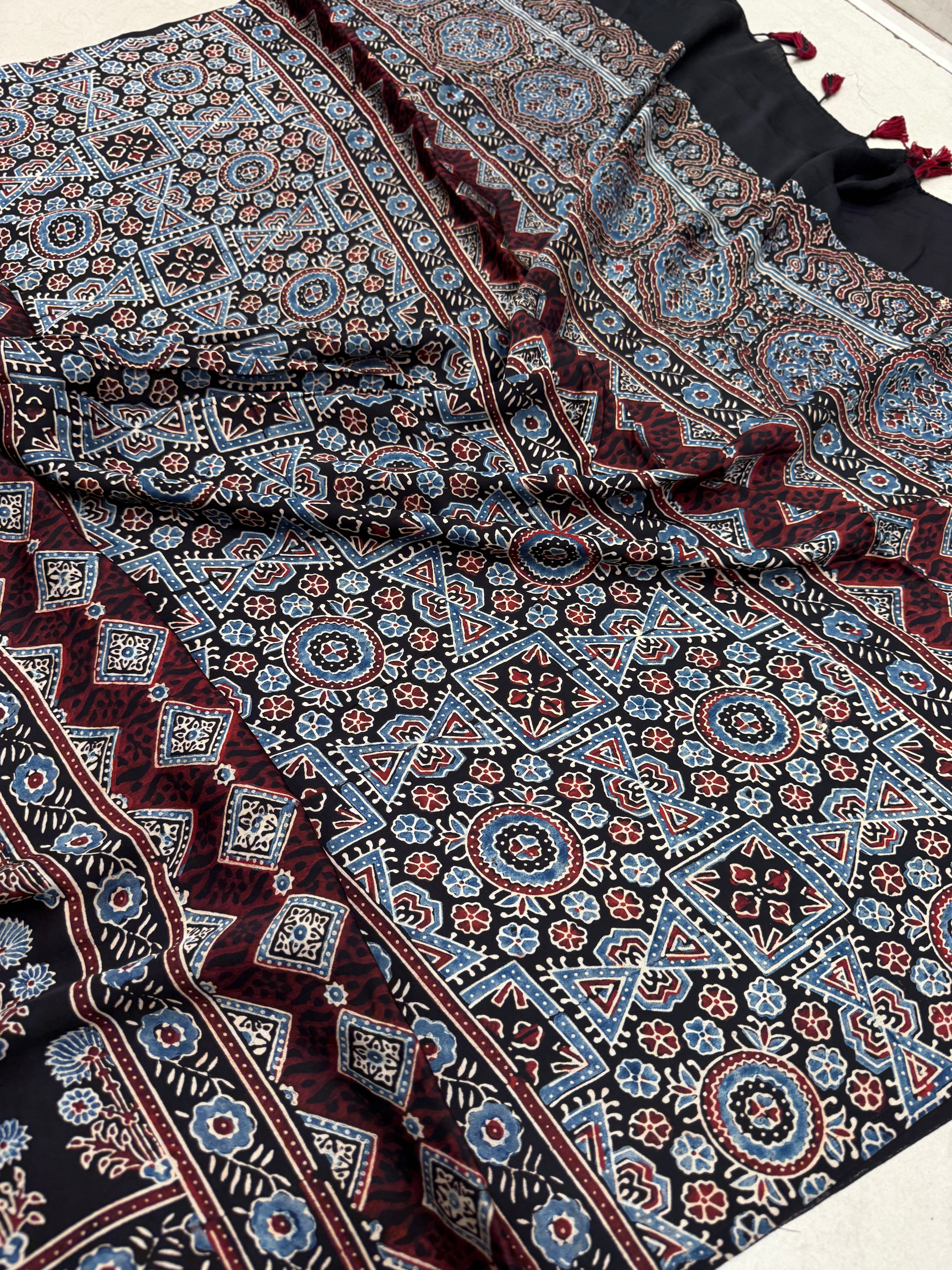 Black Big Buttis Ajrakh Block Print Hand Pure Gajji Silk Saree