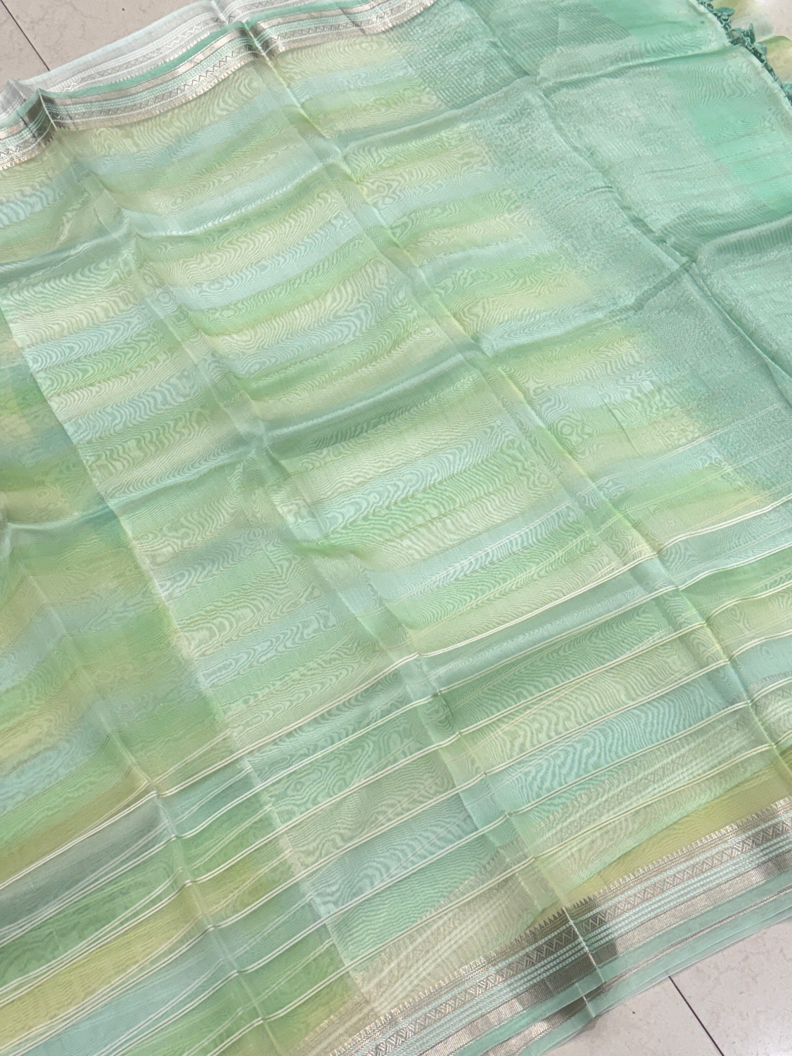 Green Shaded Leheriya Handloom Pure Kora Silk Banarasi Saree