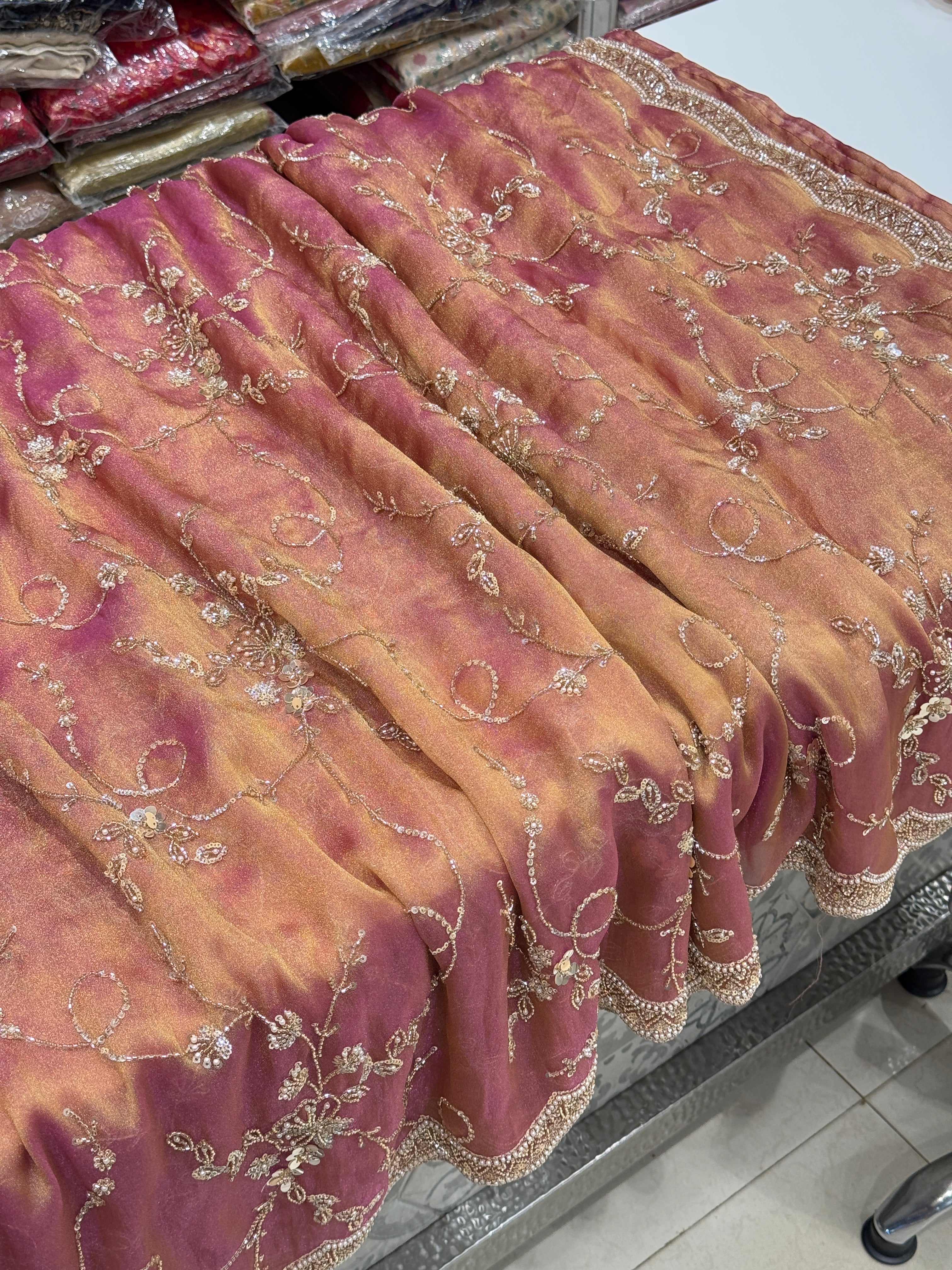 Peach Soft Tissue Moti Embroidery Jaal Saree
