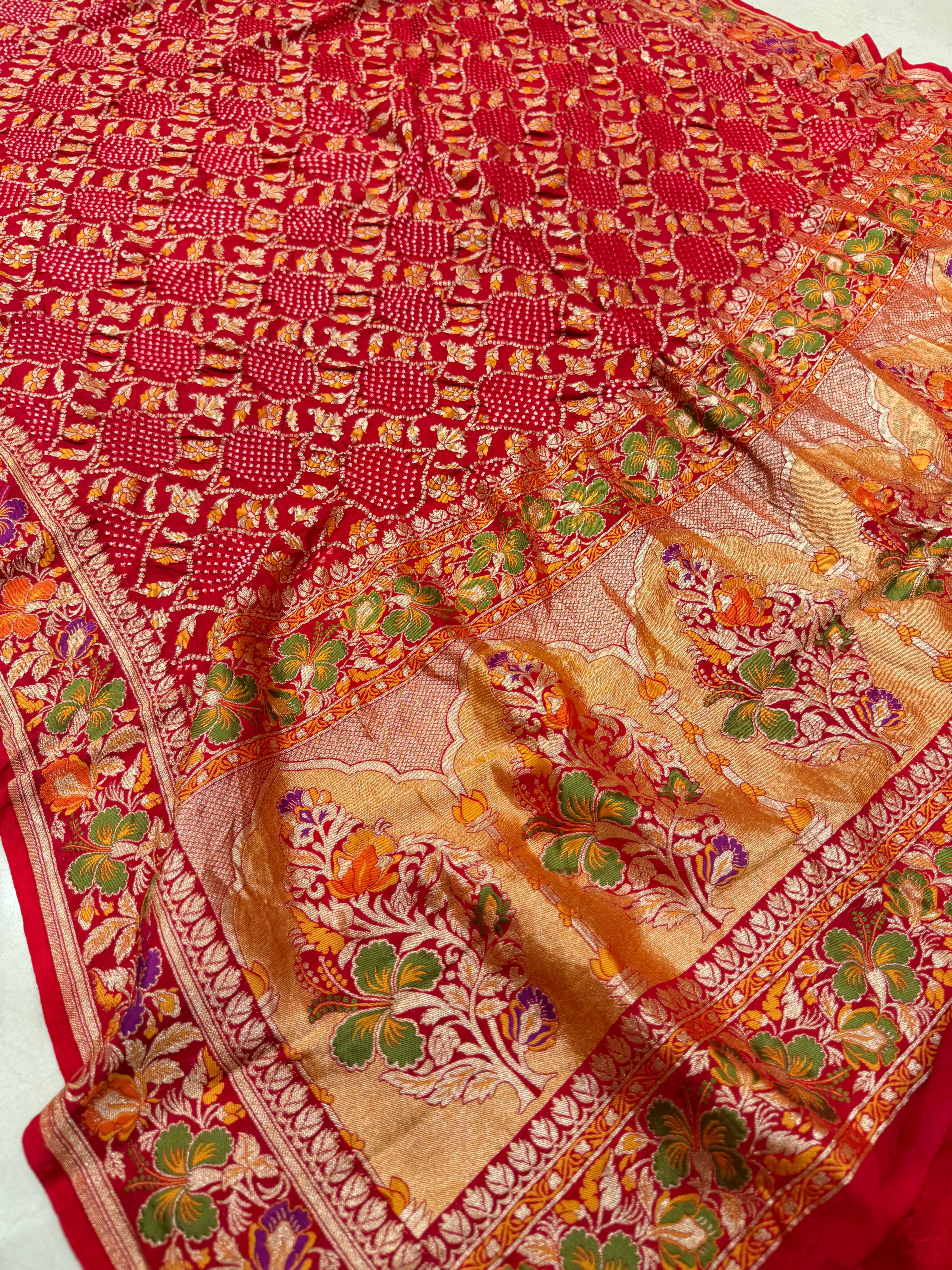 Red Handloom Meenakari Rai Bandhej Pure Zari Dupatta