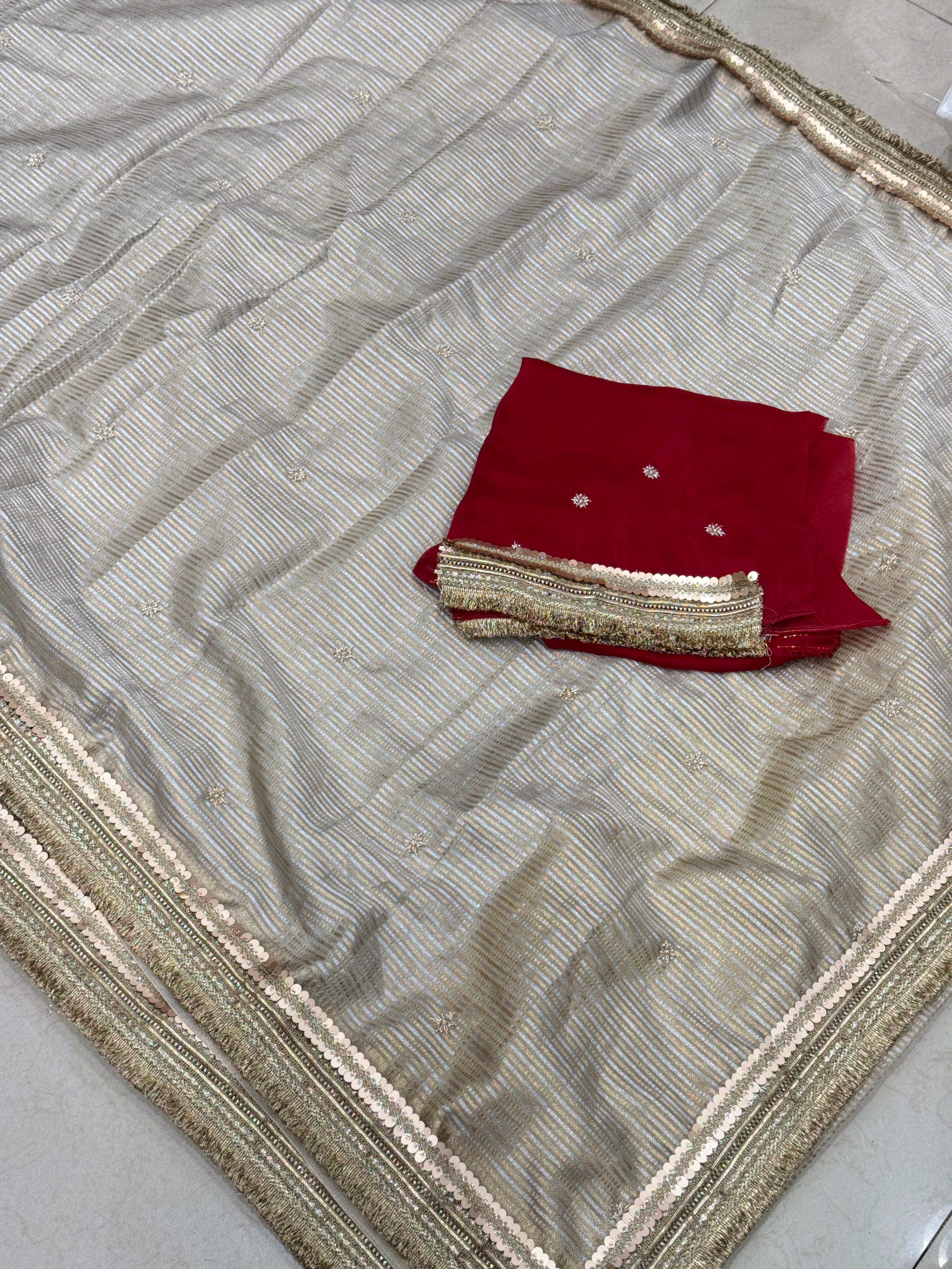 Tissue Sitara Buttis Contrast Blouse Hand Embroidery Saree