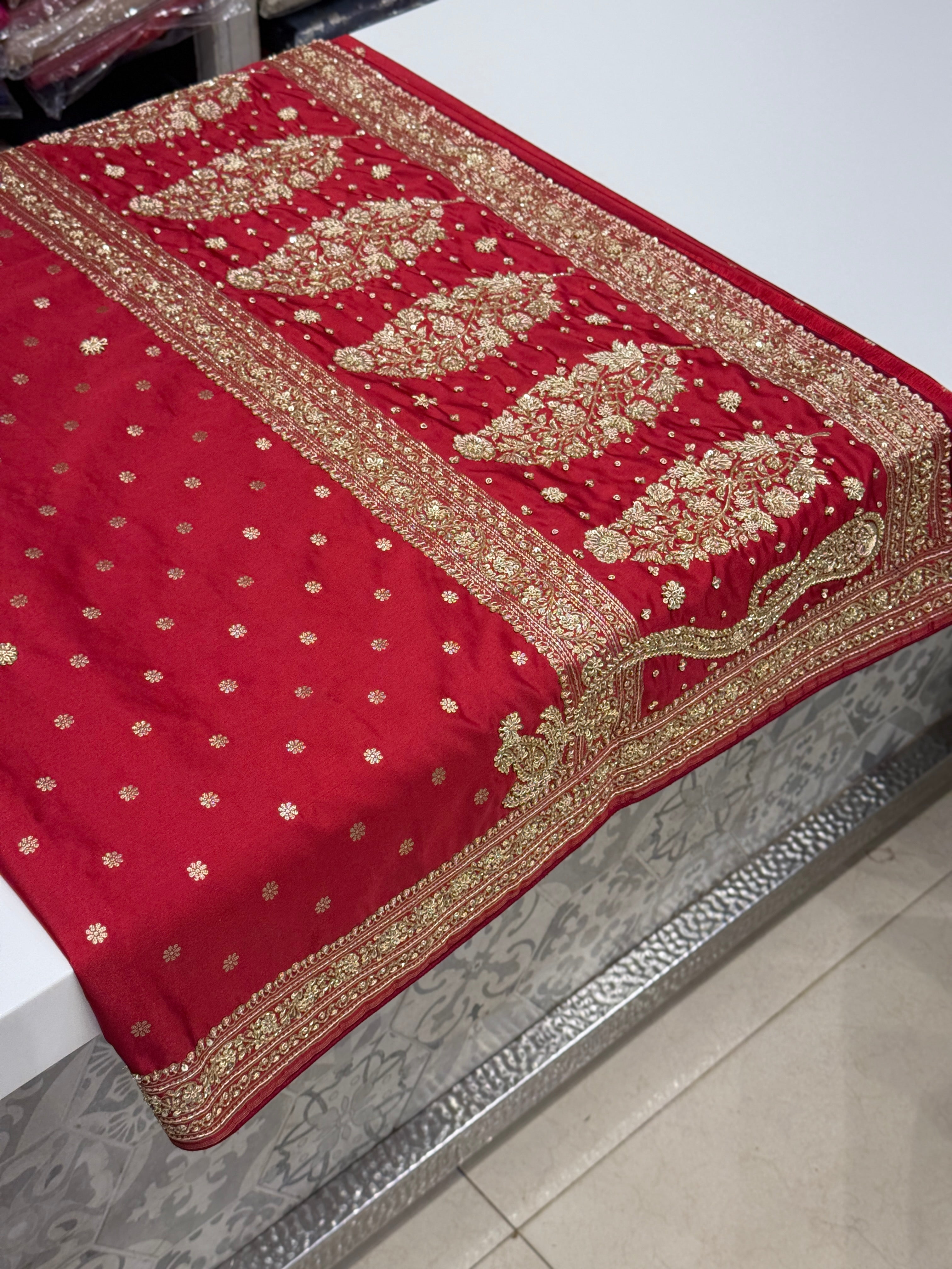 Maroon Banarasi Star Butti Hand Done Zardozi Saree