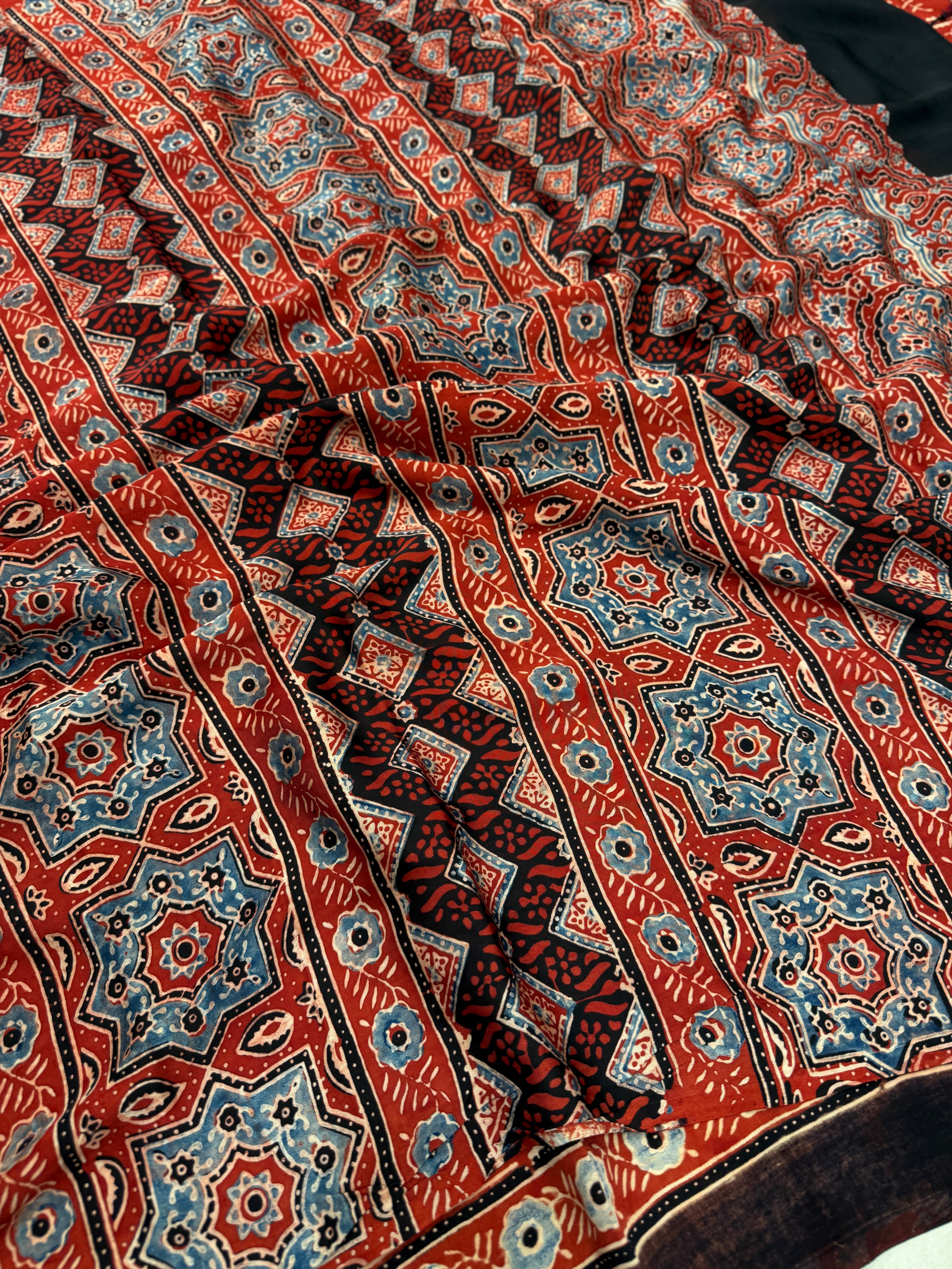 Red Buttis Ajrakh Block Print Hand Pure Gajji Silk Saree