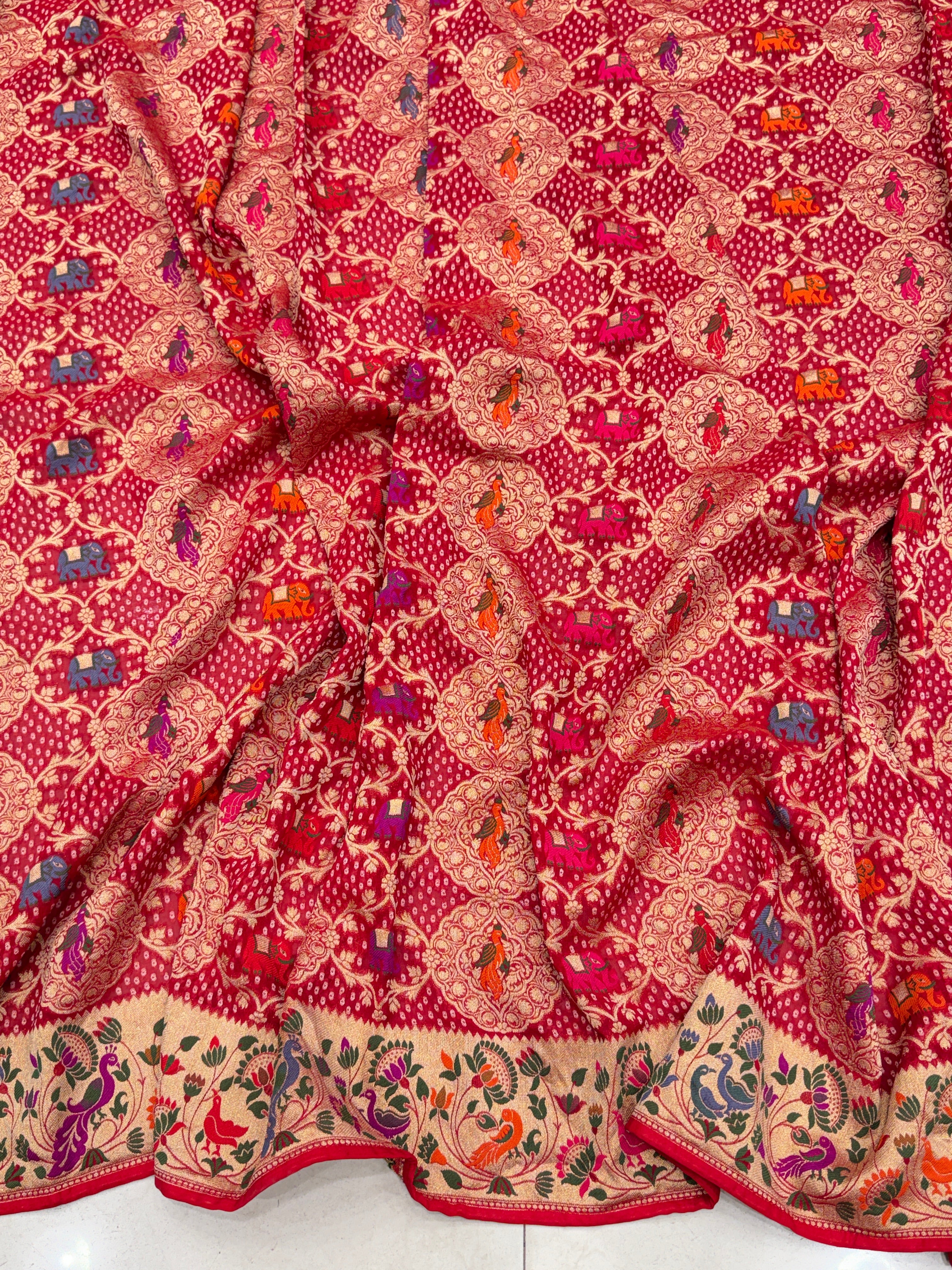 Red Woven Bandhej Dupatta Meenakari Peacock Motif