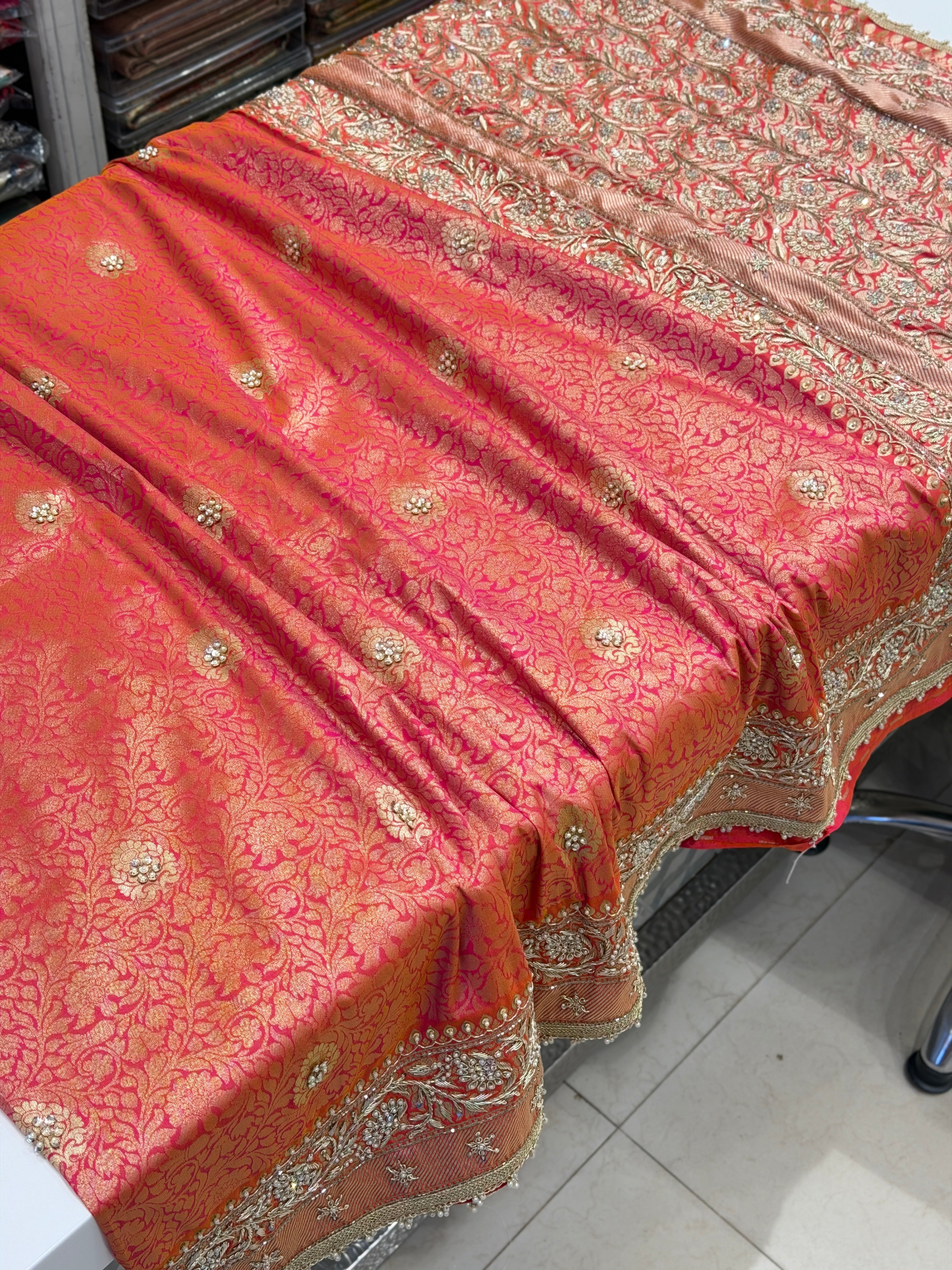 Rani Dhupchav Banarasi Zardosi Hand Embroidery Brocade Saree
