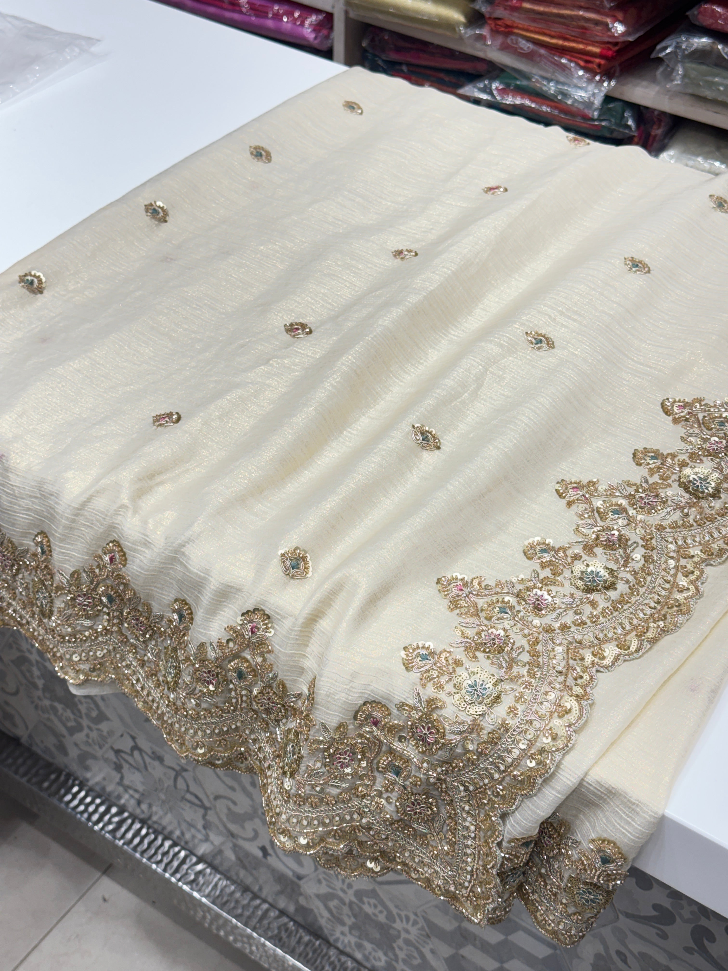 Golden Crushed Soft Tissue Zari Cutdana Embroidered Saree