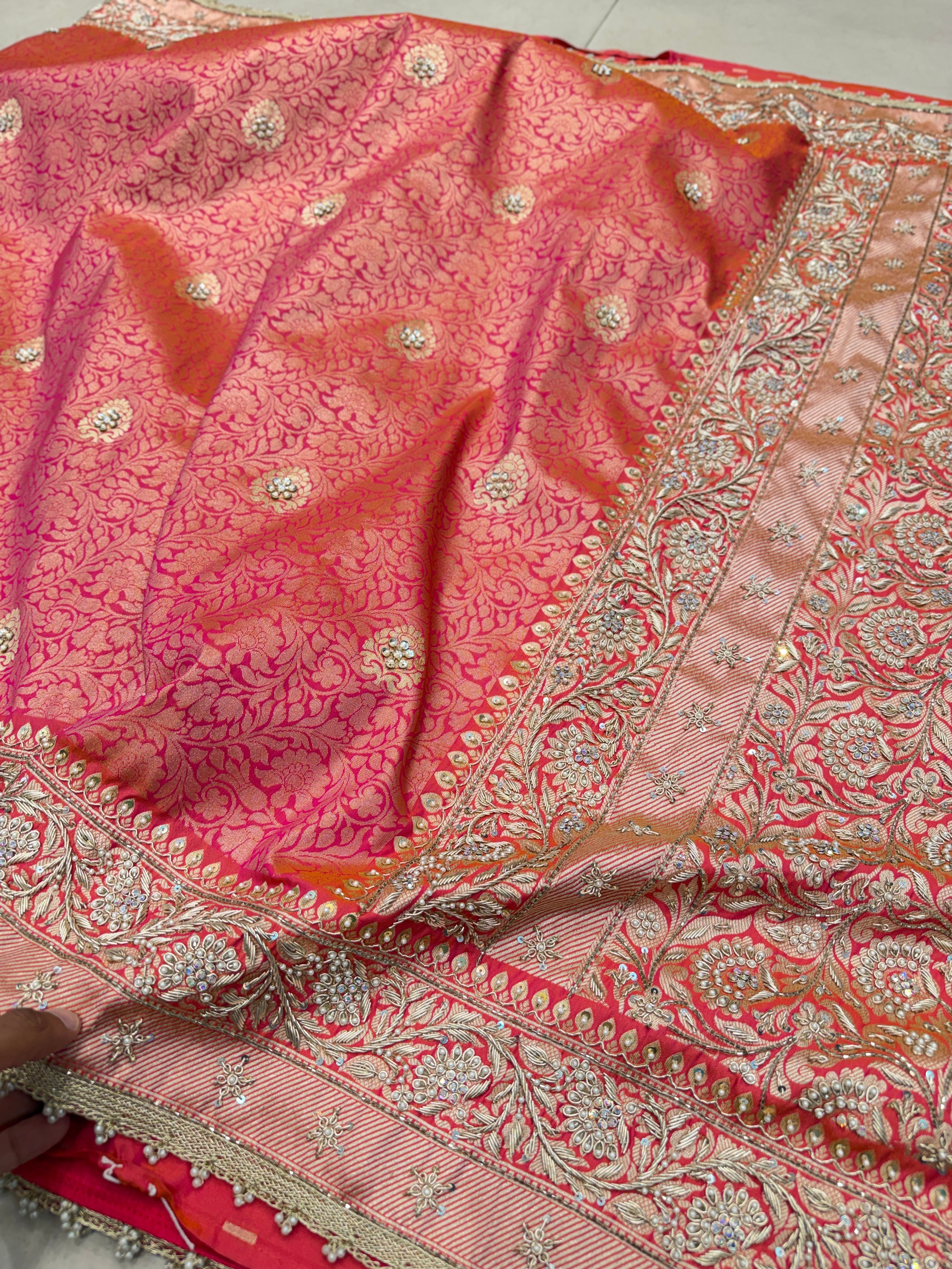 Cross Rust Banarasi Brocade Hand Embroidery Naka Tikki Saree