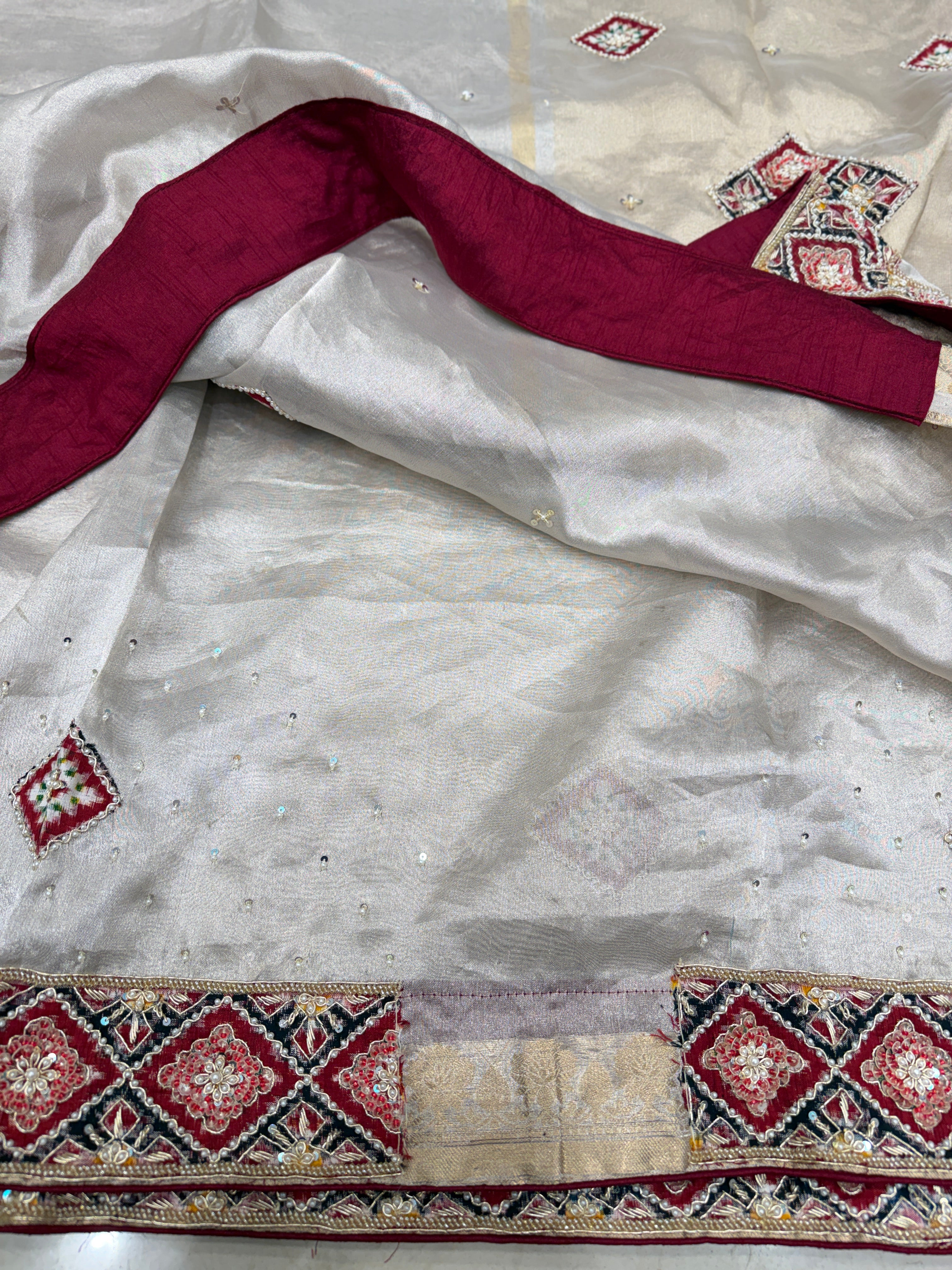 Silver Pure Tissue Patan Patola Patch Hand Embroidery Saree