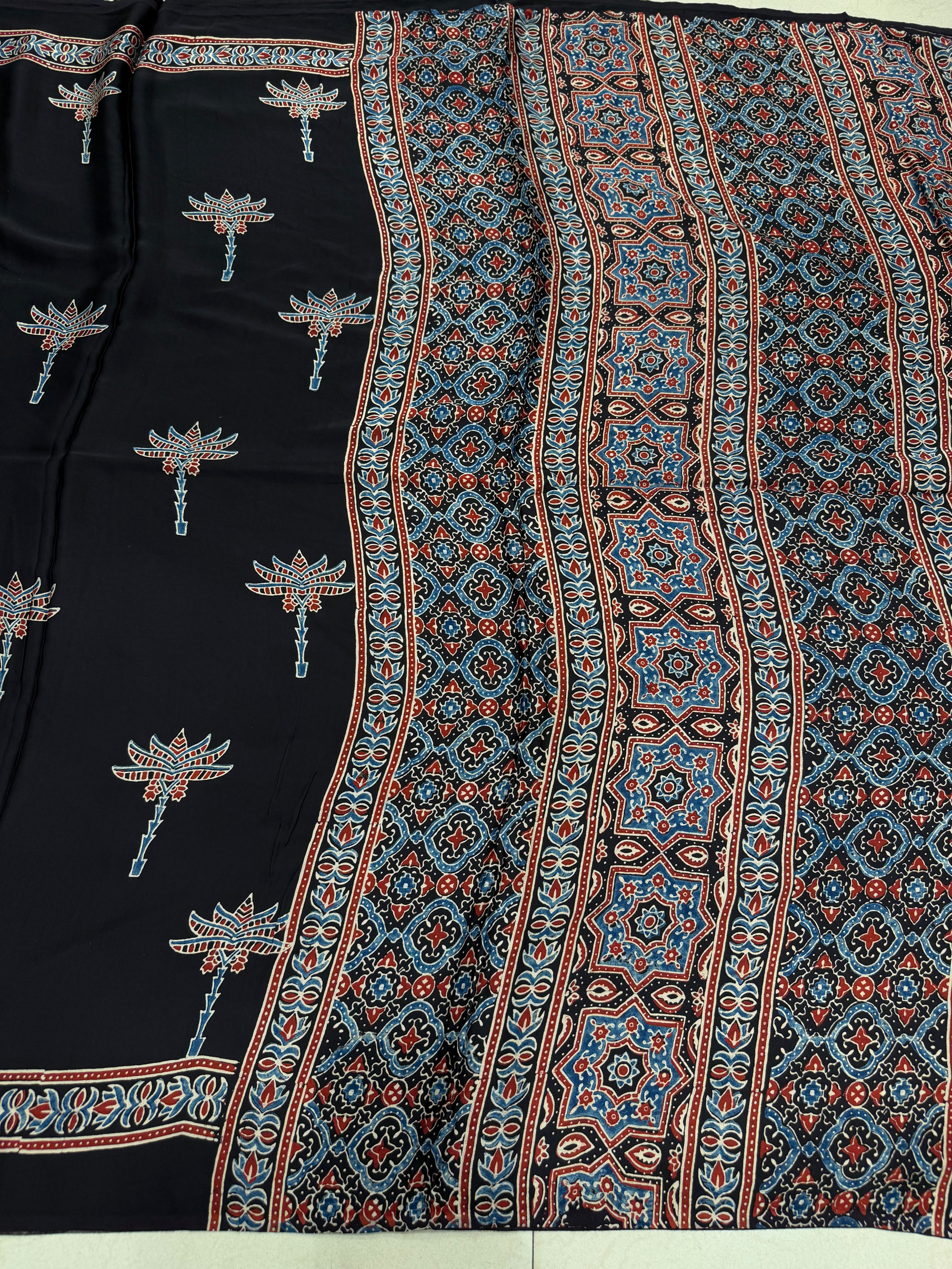 Black Contemporary Buttas Ajrakh Hand Block Print Pure Gajji Silk Saree