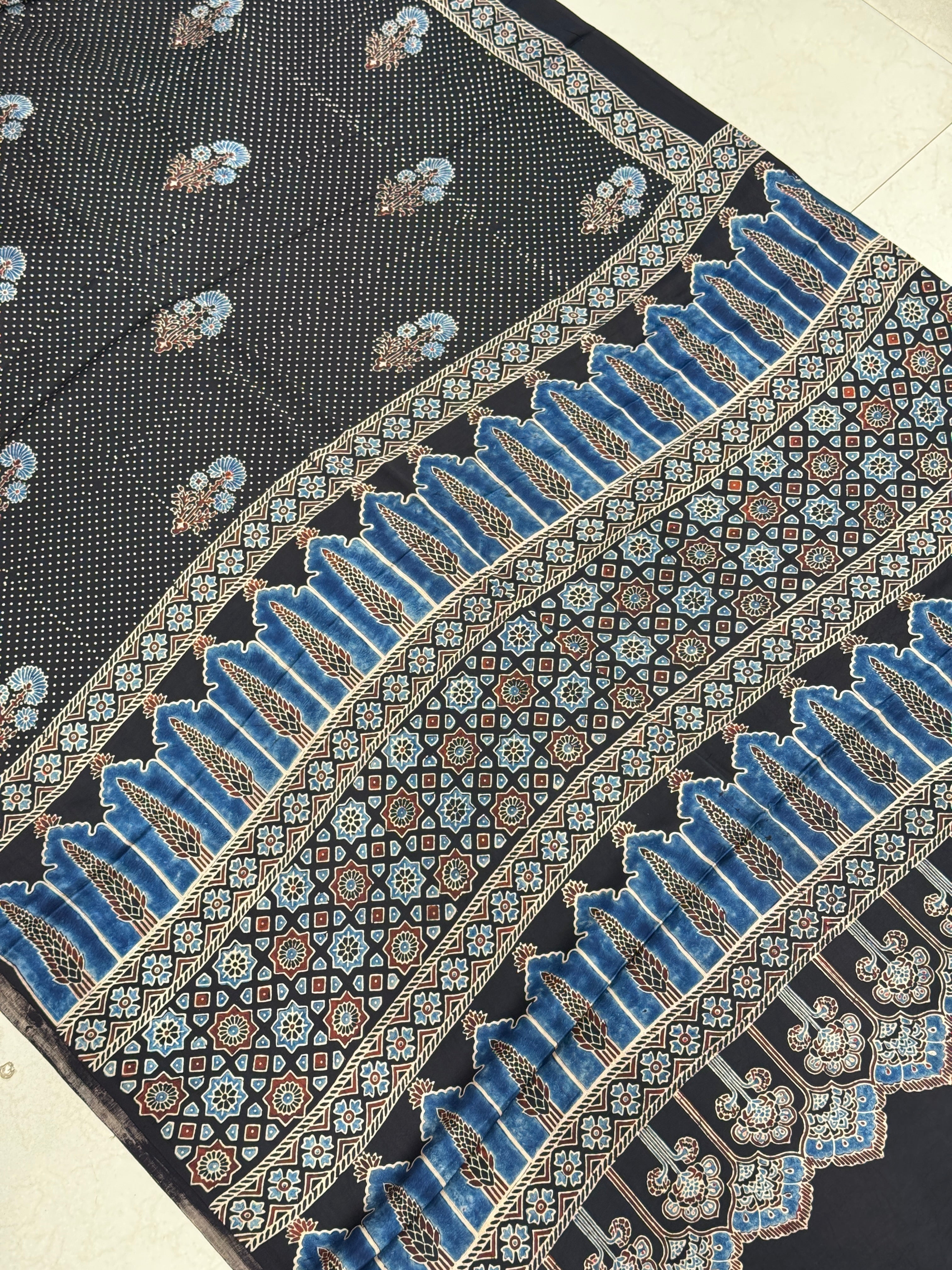 Black Floral Butti Dot Ajrakh Hand Block Print Pure Gajji Silk Saree