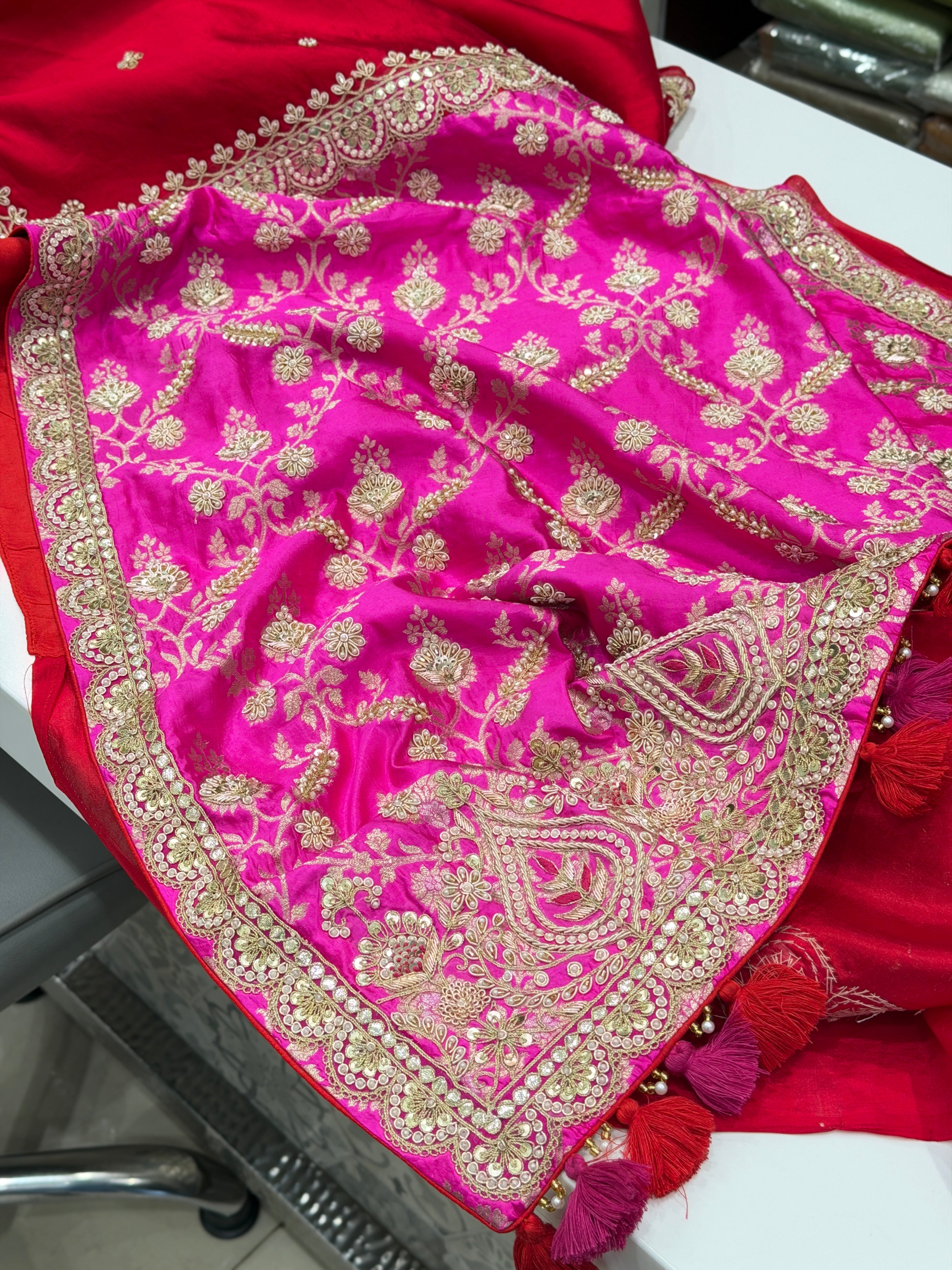 Red Rani Pink Pure Silk Katan Marodi Hand Embroidery Fusion Saree