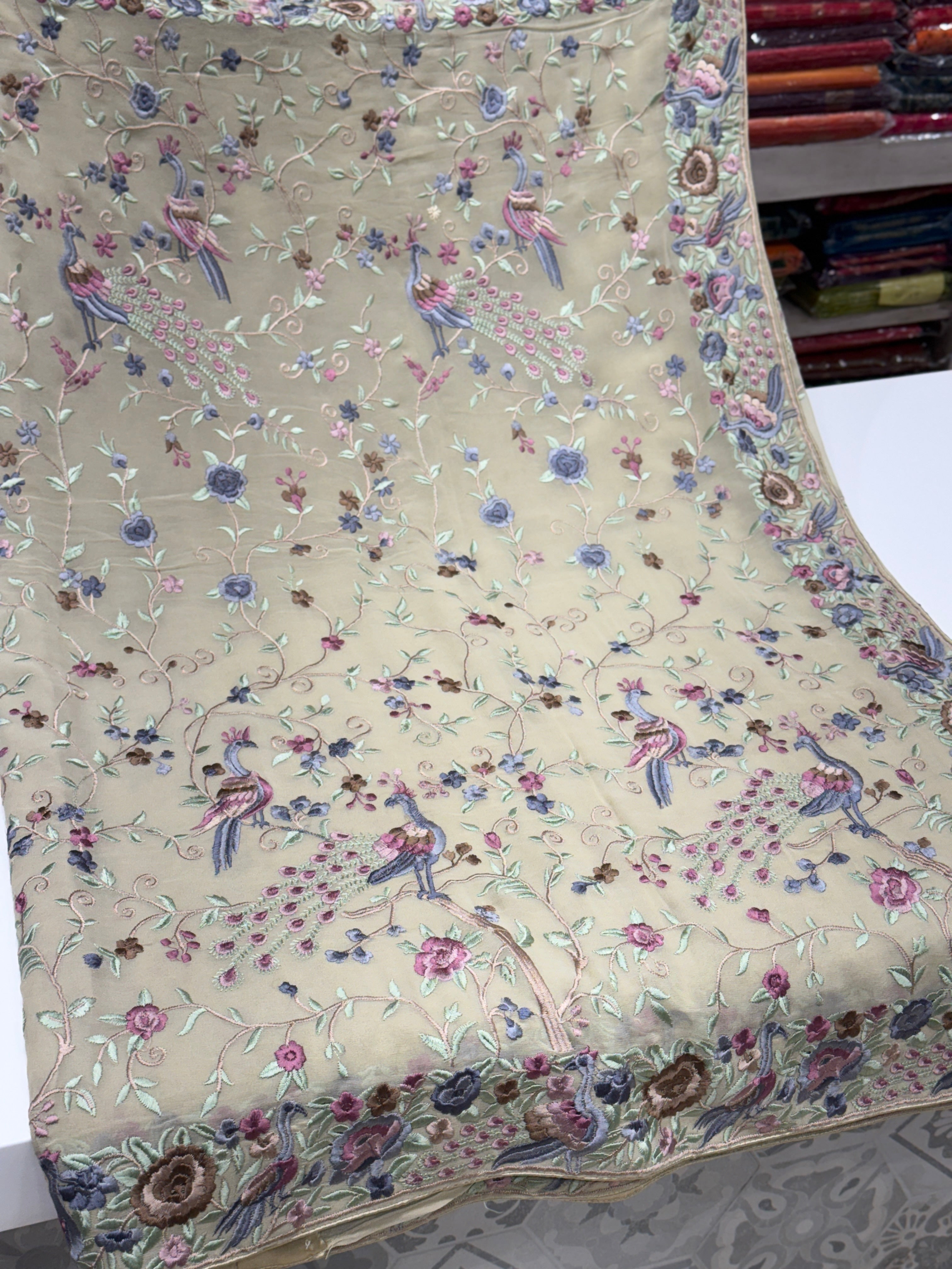 Beige Georgette Parsi Gara Peacock Design Saree