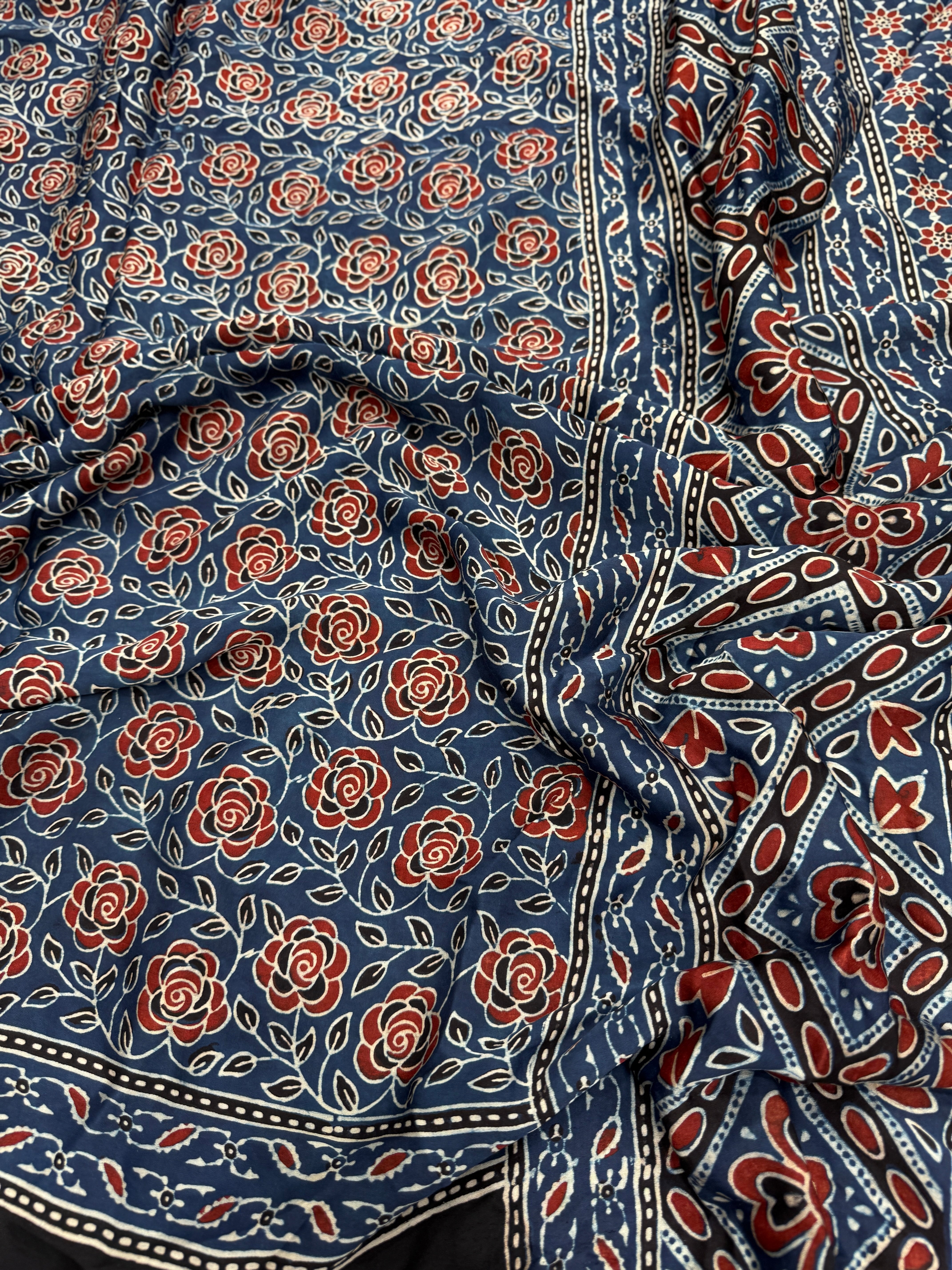 Blue Rose Ajrakh Hand Block Print Pure Gajji Silk Saree