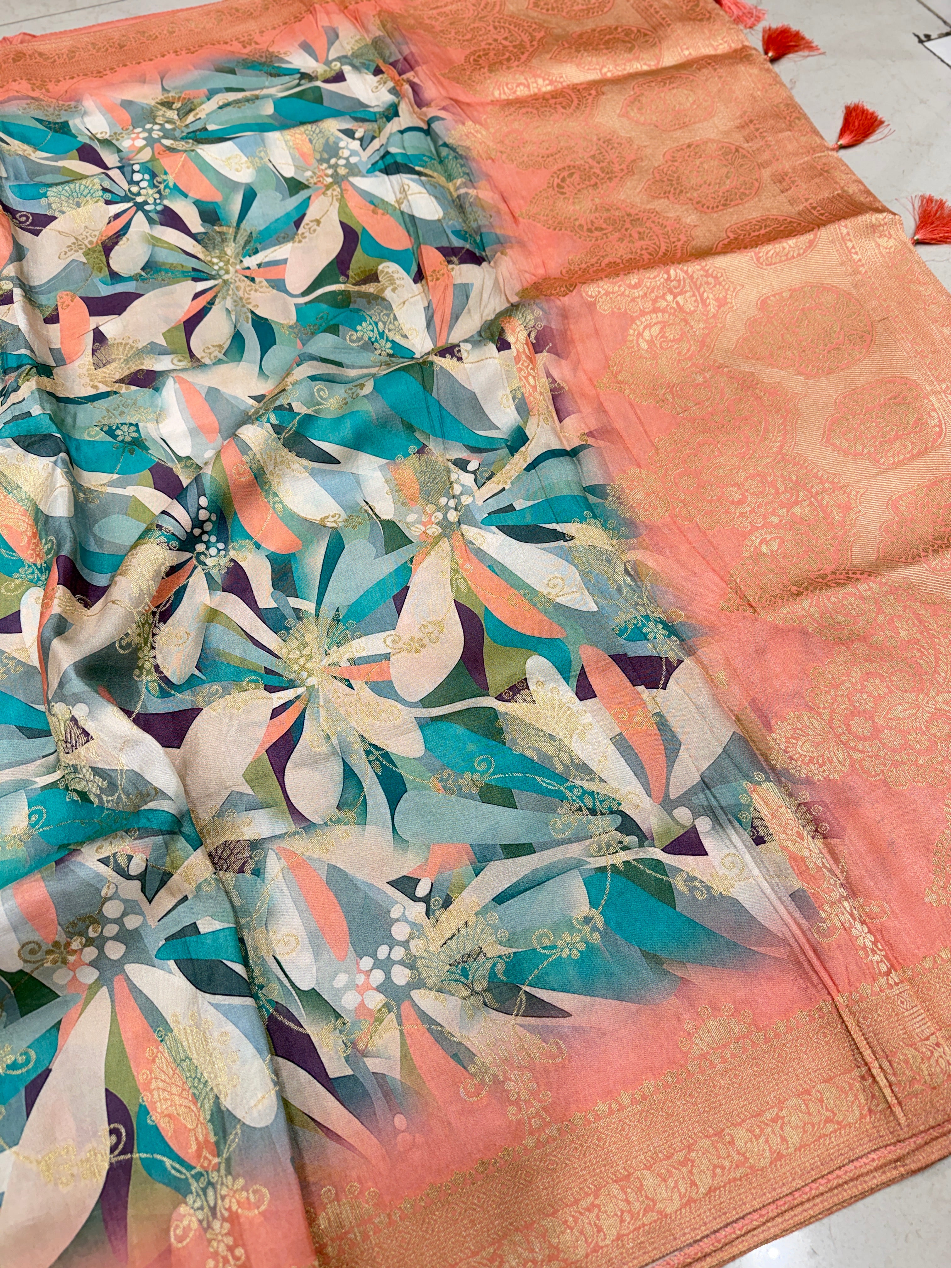Abstract Floral Multi Colour Print Munga Soft Silk Saree
