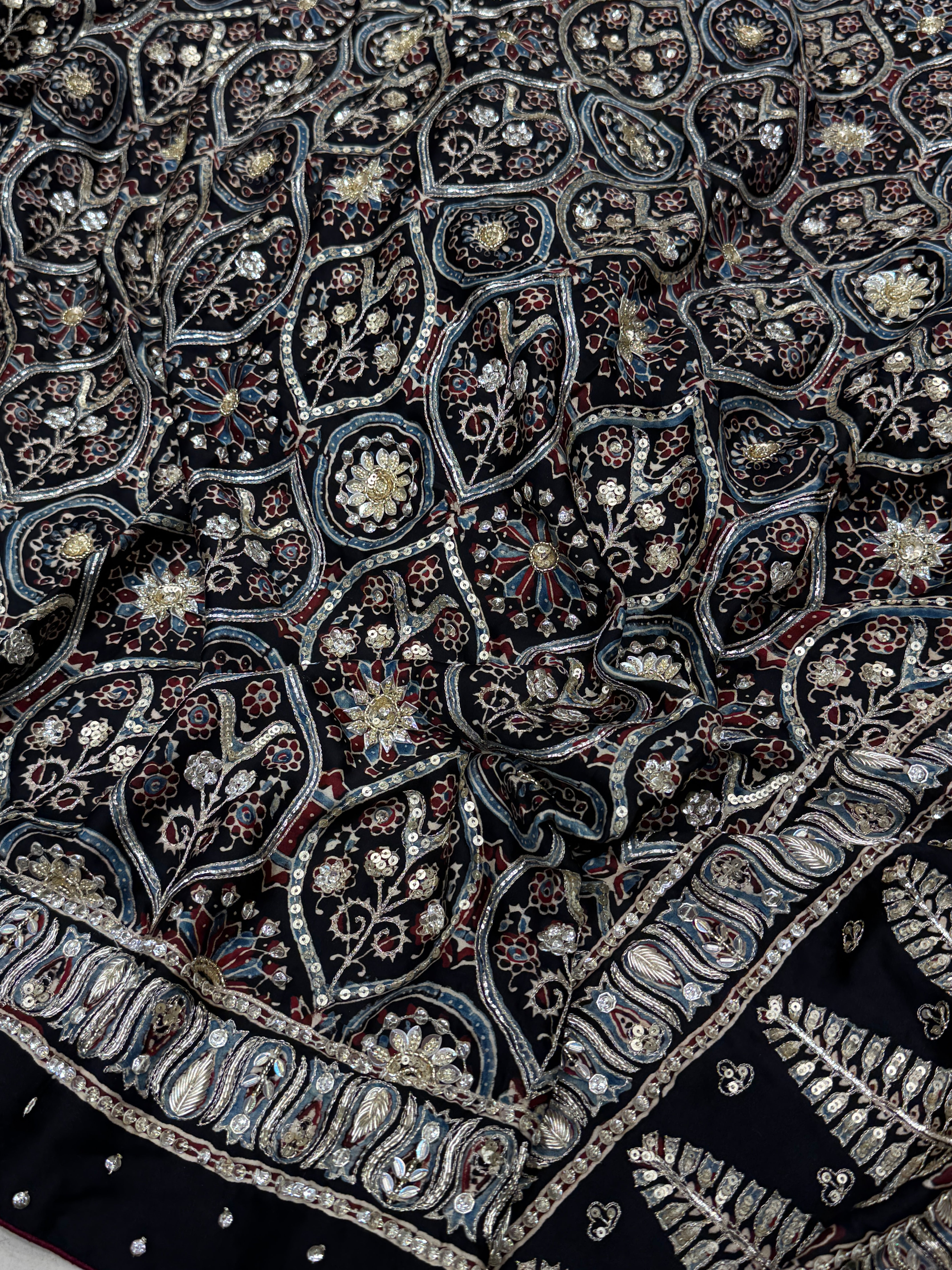 Ajrakh Black Badam Jaal Hand Embroidery Zardosi and Pita Work