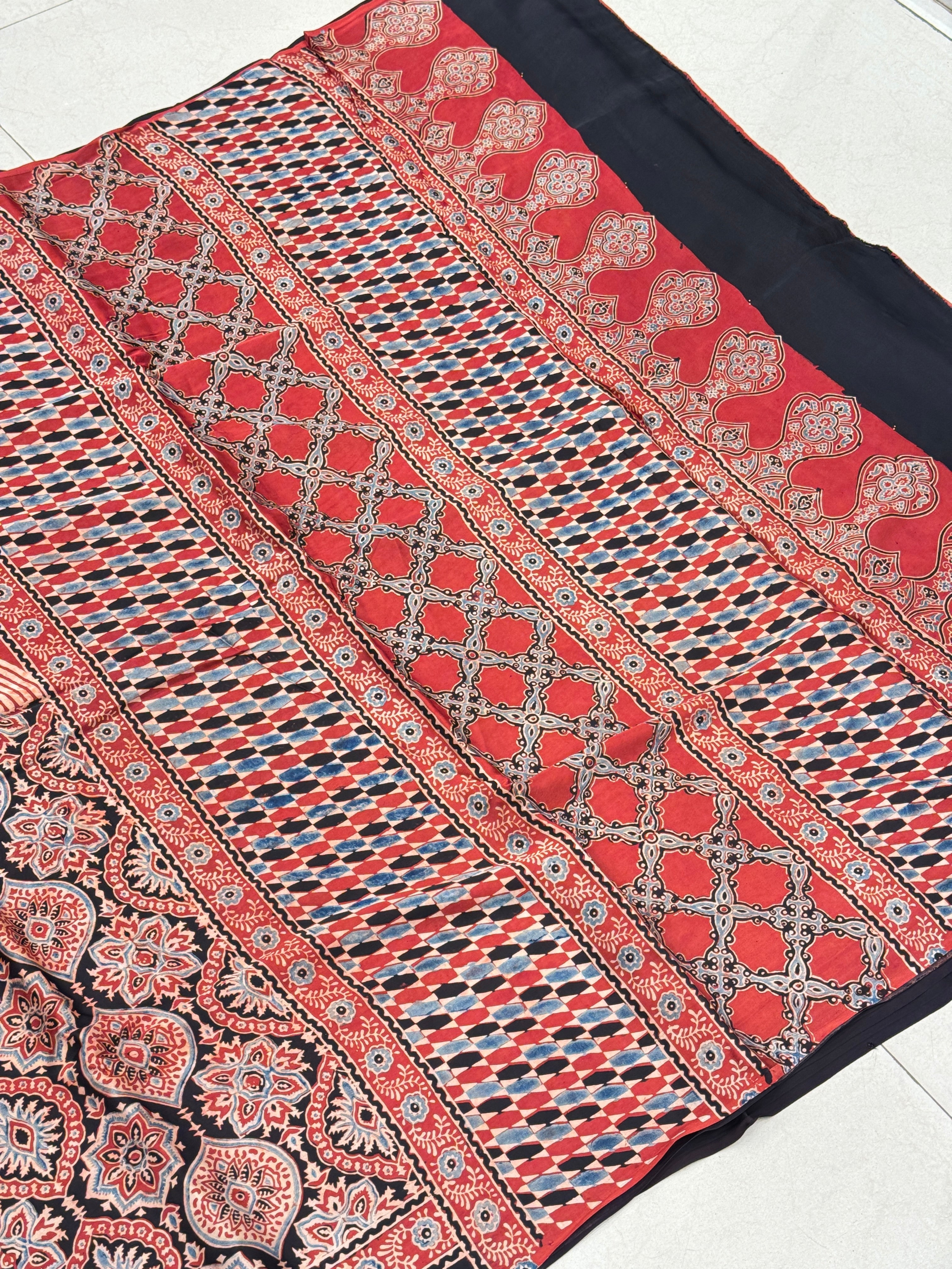 Red Block Print Contemporary Ajrakh Saree