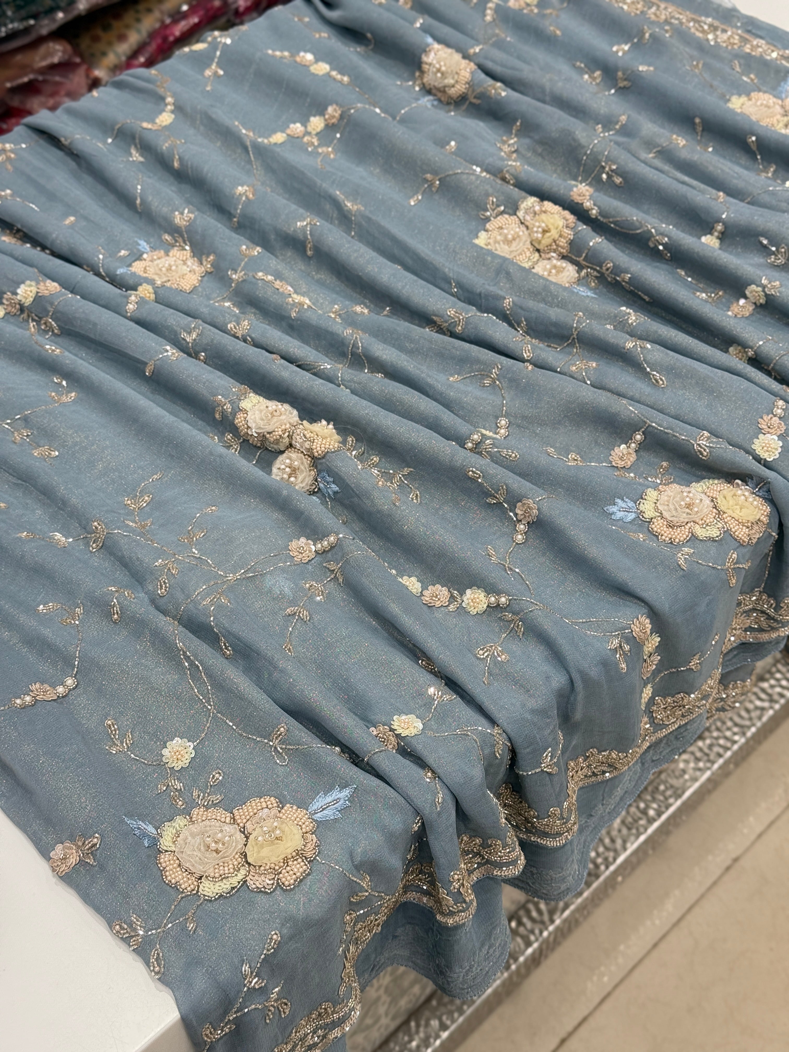 Powder Blue Tissue Chiffon Hand Embroidery Saree