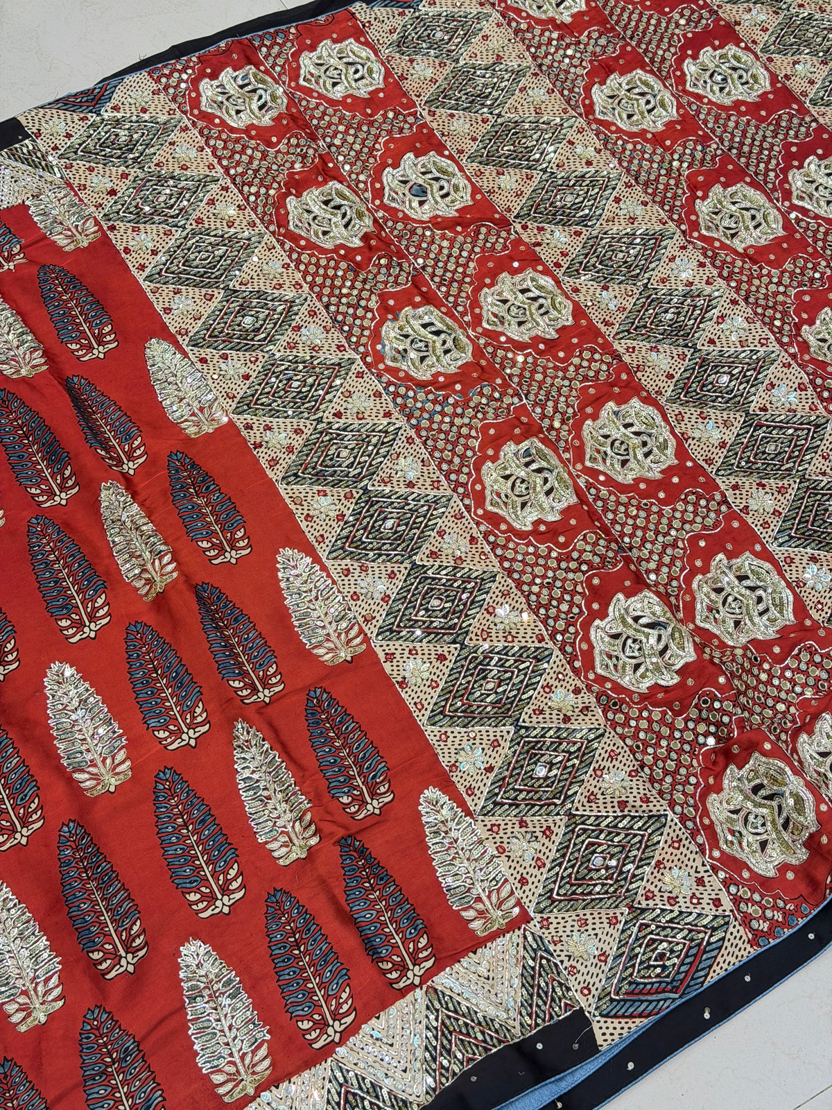 Red Buttas Pita Zardosi Sequin Ajrakh Hand Embroidery Saree