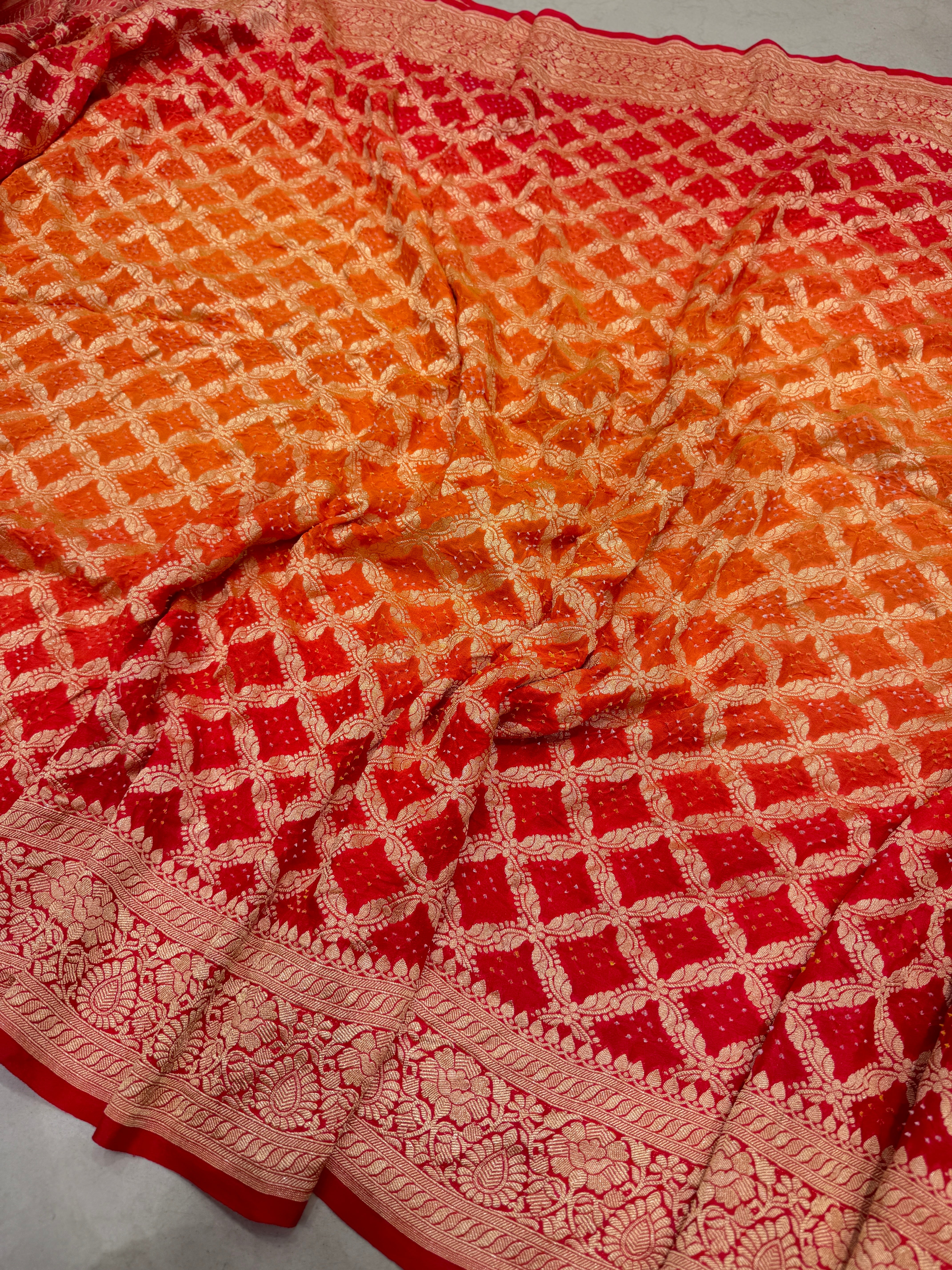 Orange Red Shaded Georgette Handloom Bandhej Bandhini Saree