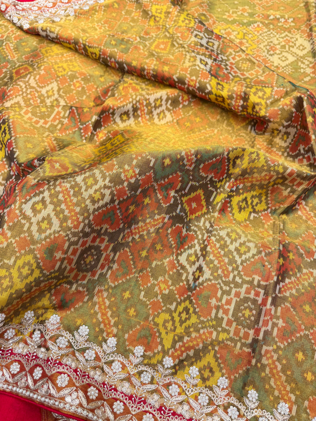 Mustard Tissue Patan Patola Zardosi Hand Embroidery Saree