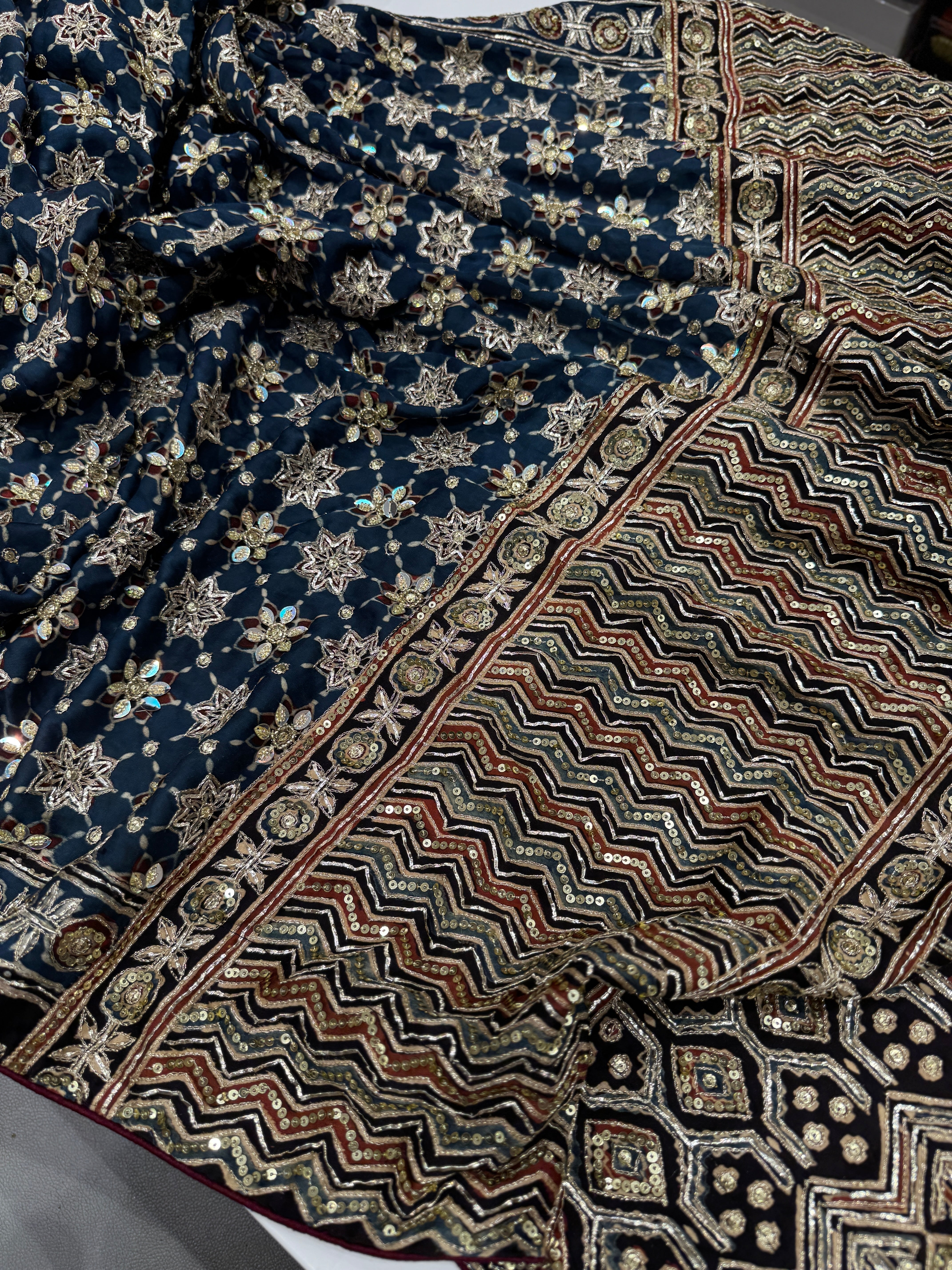 Blue Black Jaal Ajrakh Hand Embroidery Saree