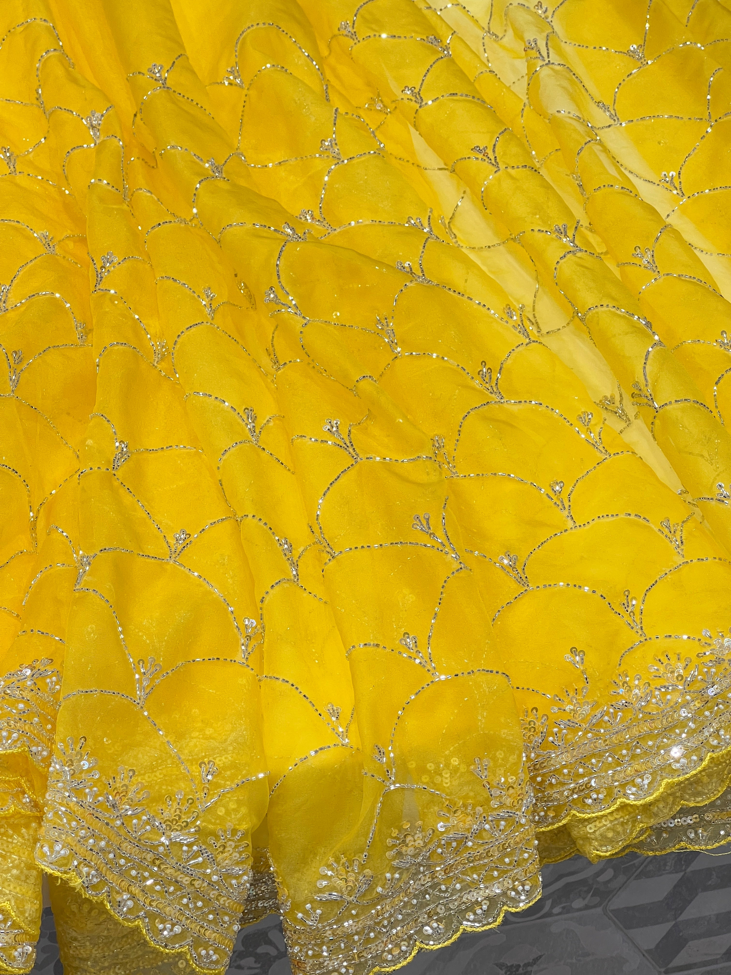 Yellow Organza Scales Pattern Hand Embroidery Saree