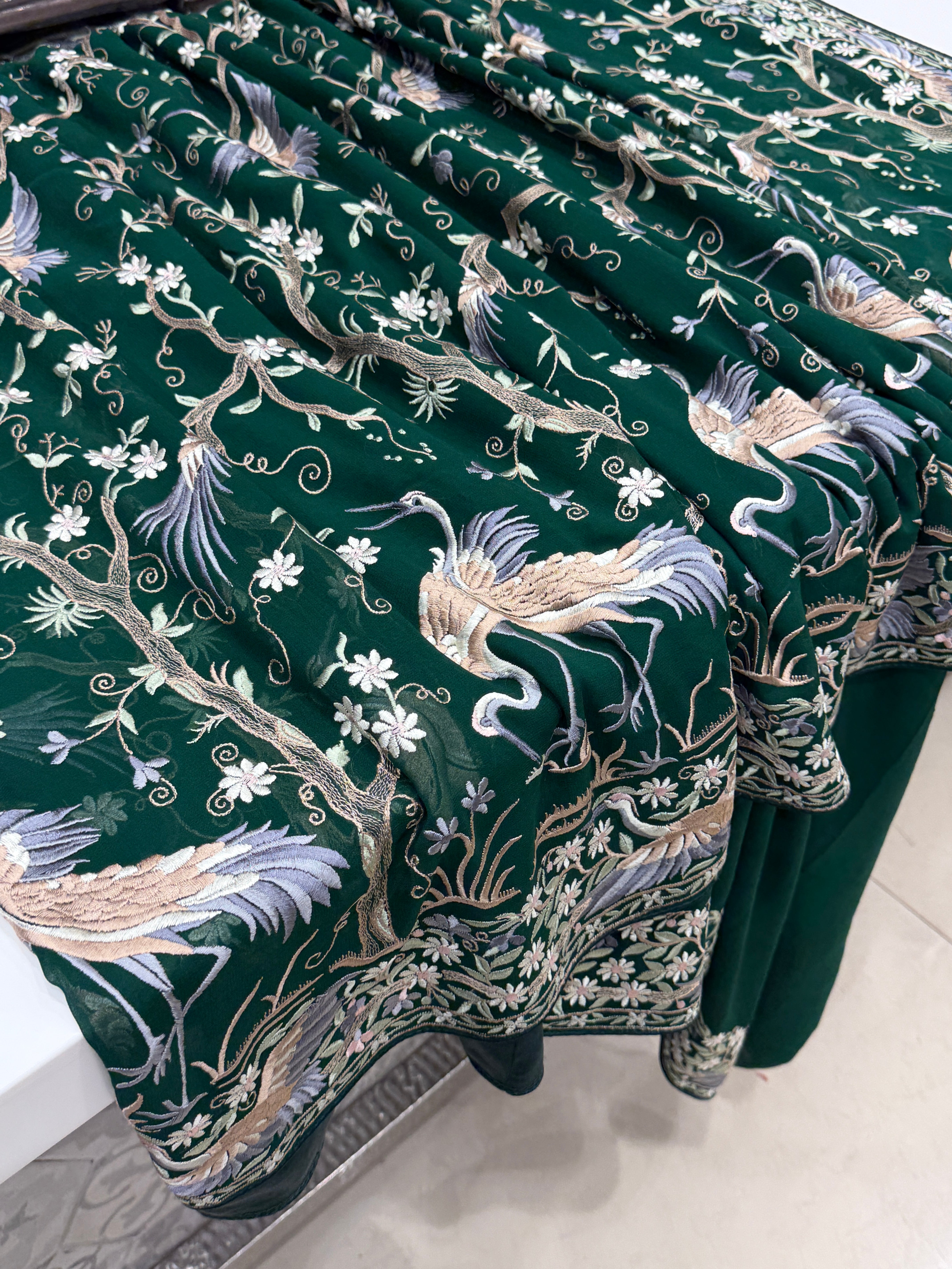 Bottle Green Tree Of Life Flamingo Parsi Gara Saree
