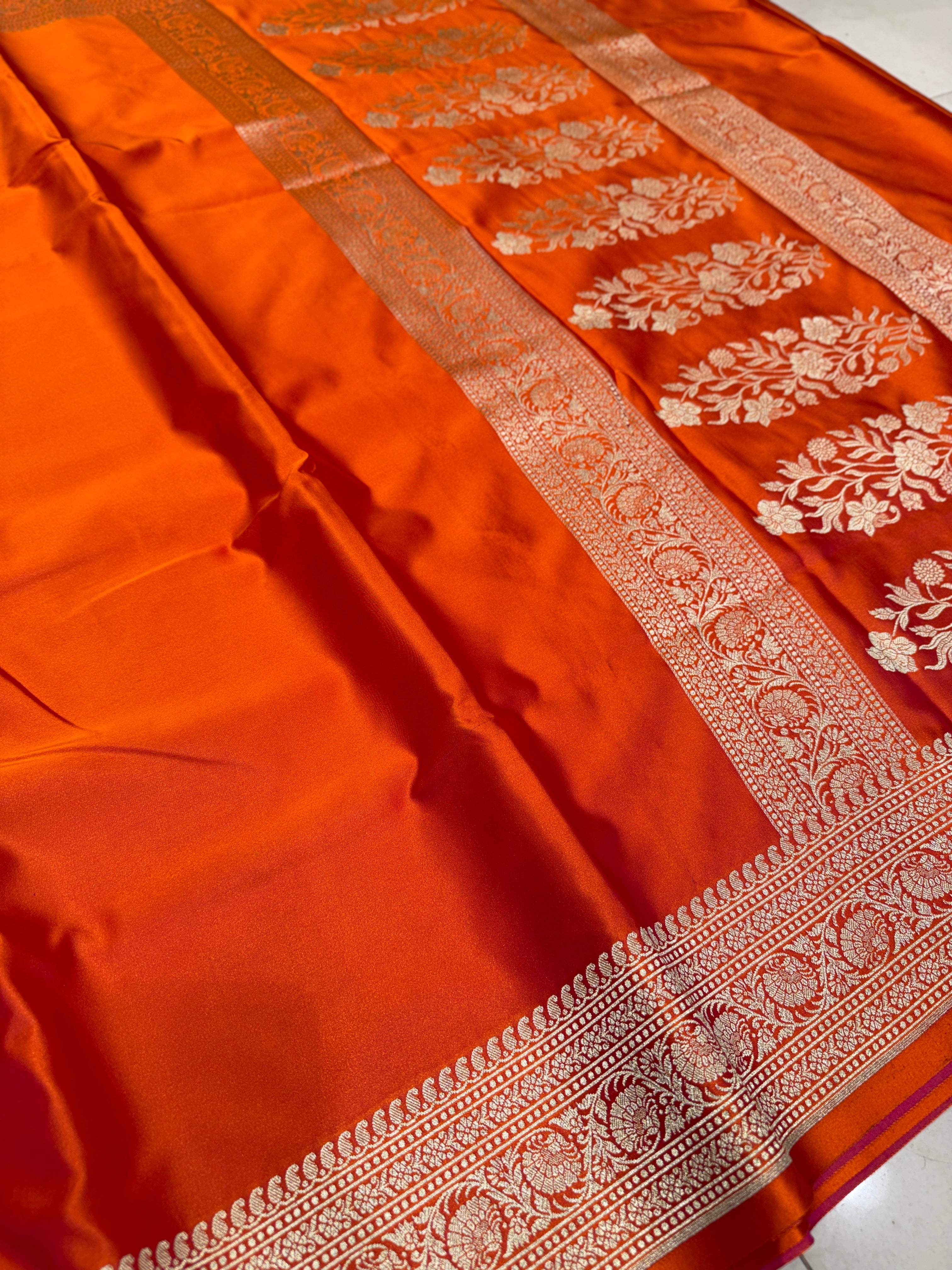 Orange Banarasi Silk Plain Body Saree