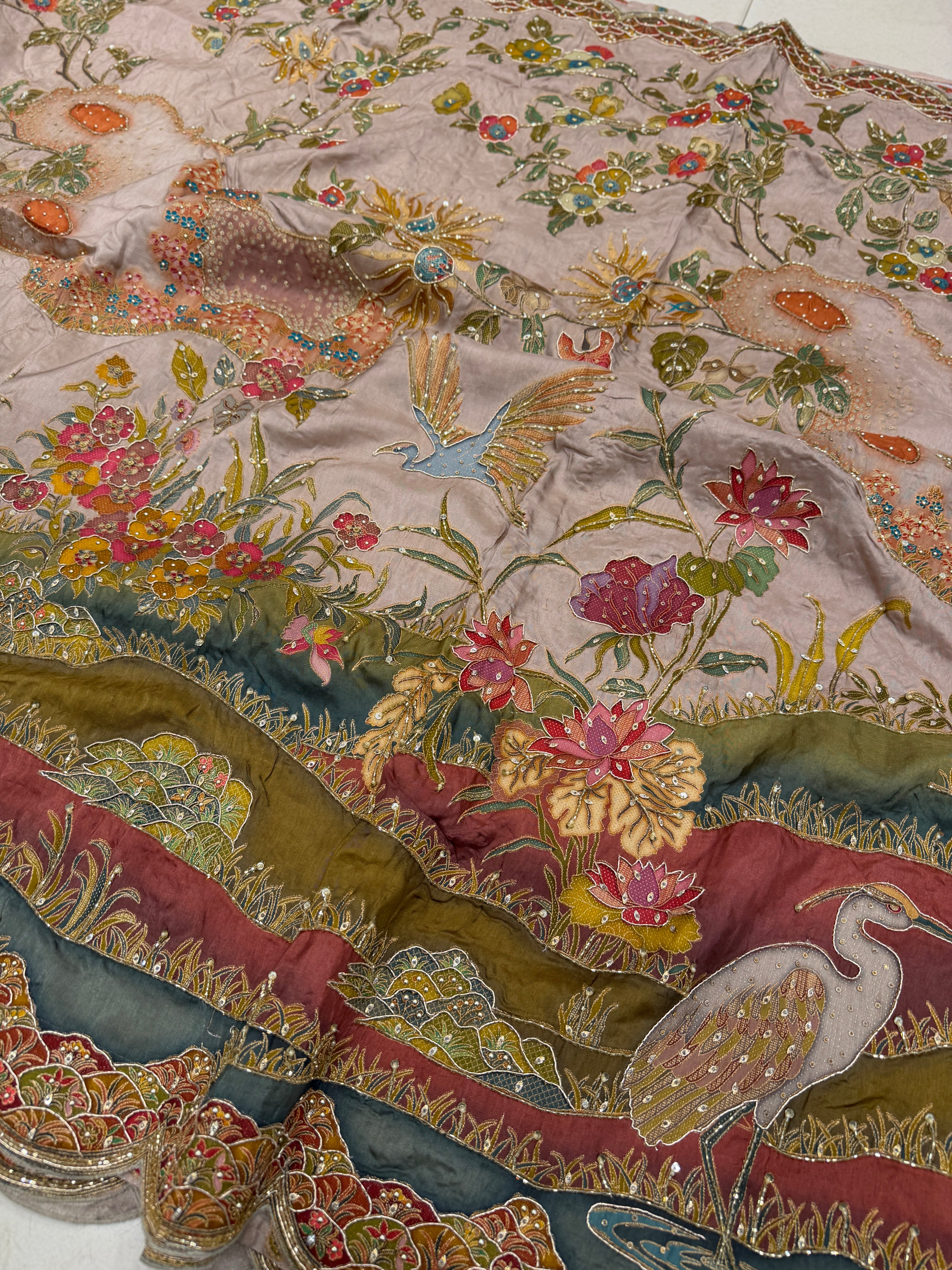 Champagne Munga Landscape Hand Embroidery Saree