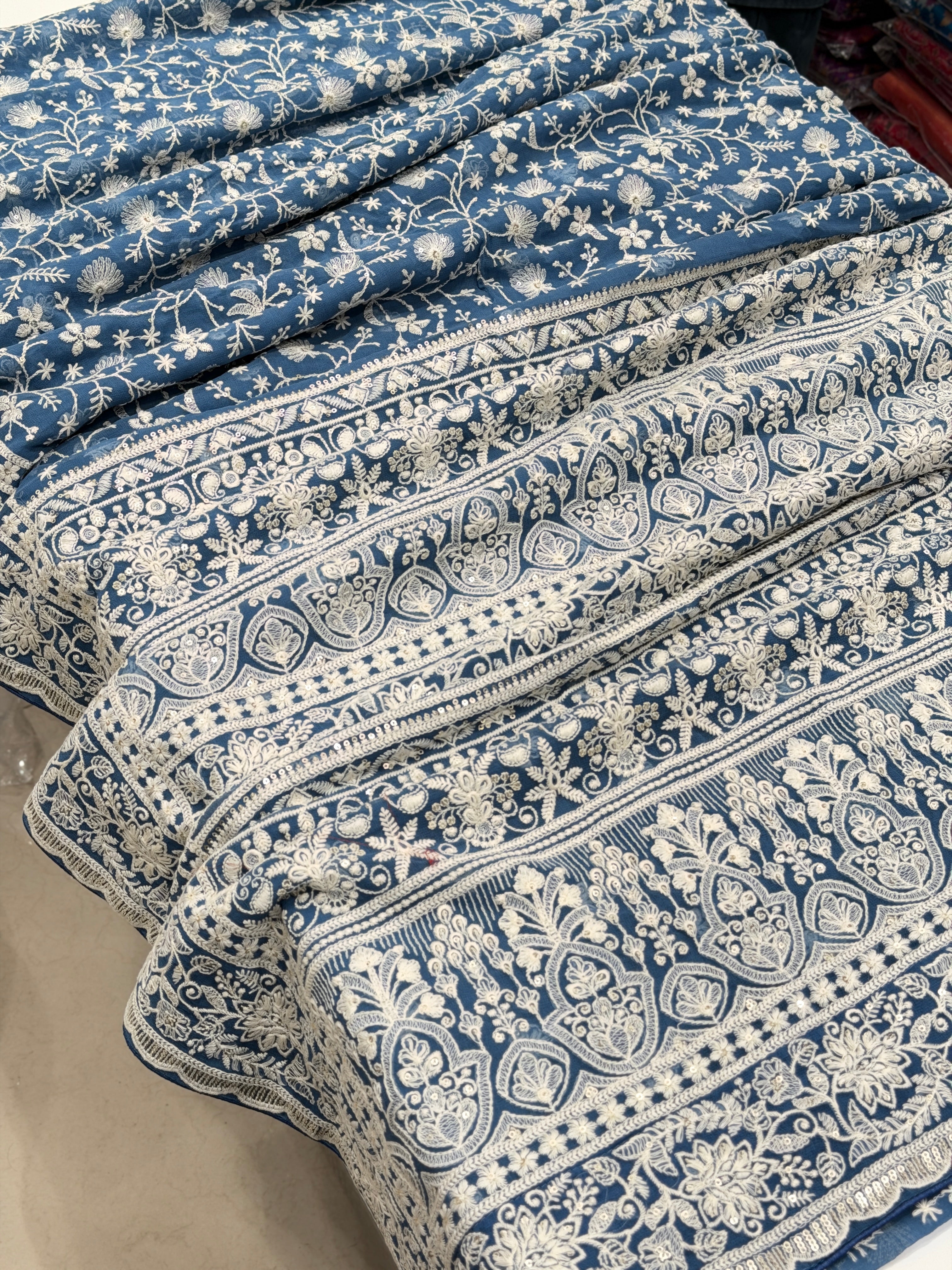Blue Georgette Chikankari Resham Saree