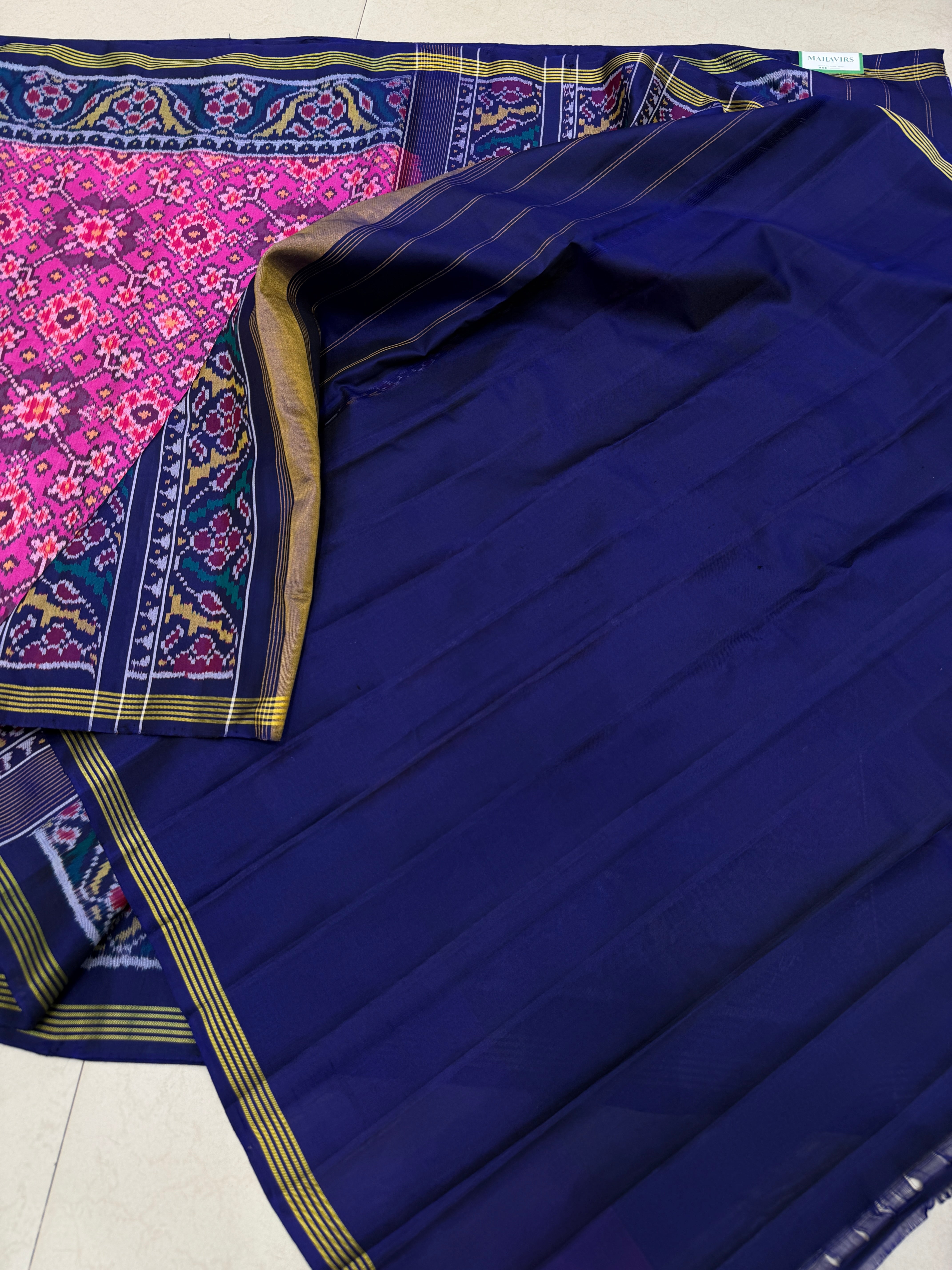 Rani Pink Blue Manek Chowk Pure Silk Handloom Patola Saree